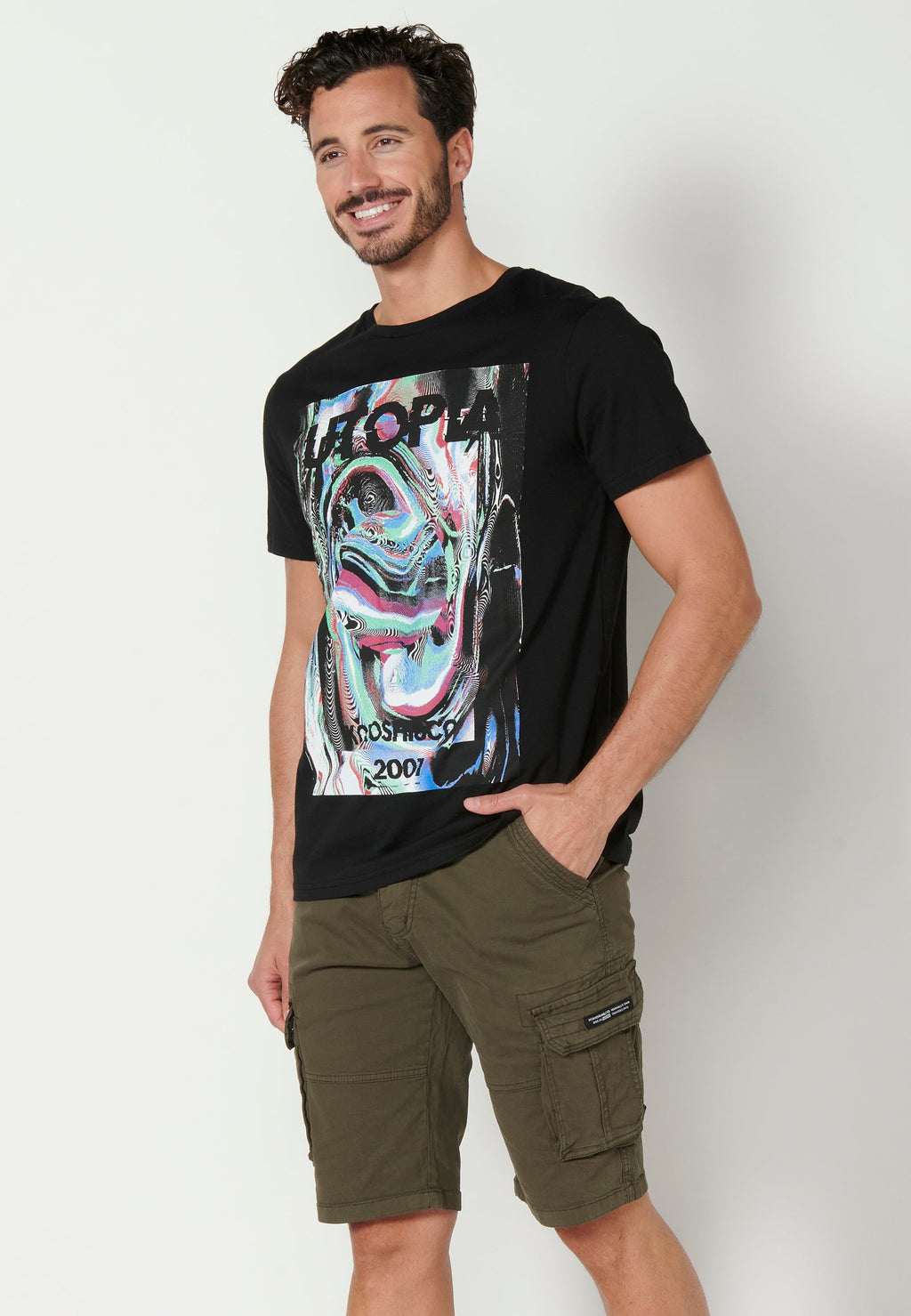Camiseta Hombre Manga Corta Cuello Redondo Estampada – Koroshi Negro
