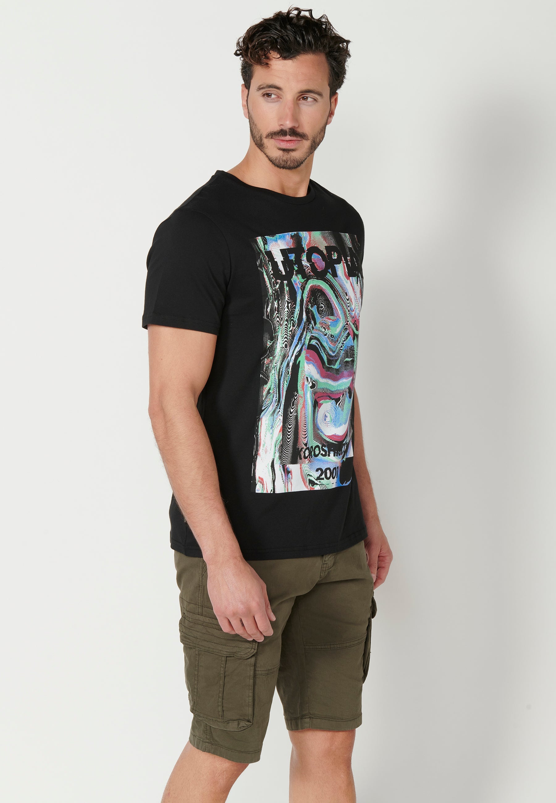 Camiseta Hombre Manga Corta Cuello Redondo Estampada – Koroshi Negro