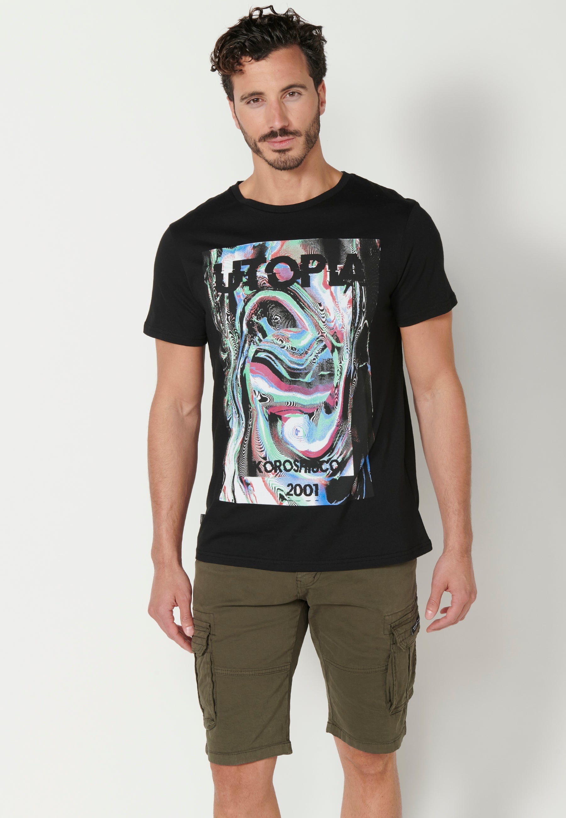 Camiseta Hombre Manga Corta Cuello Redondo Estampada – Koroshi Negro