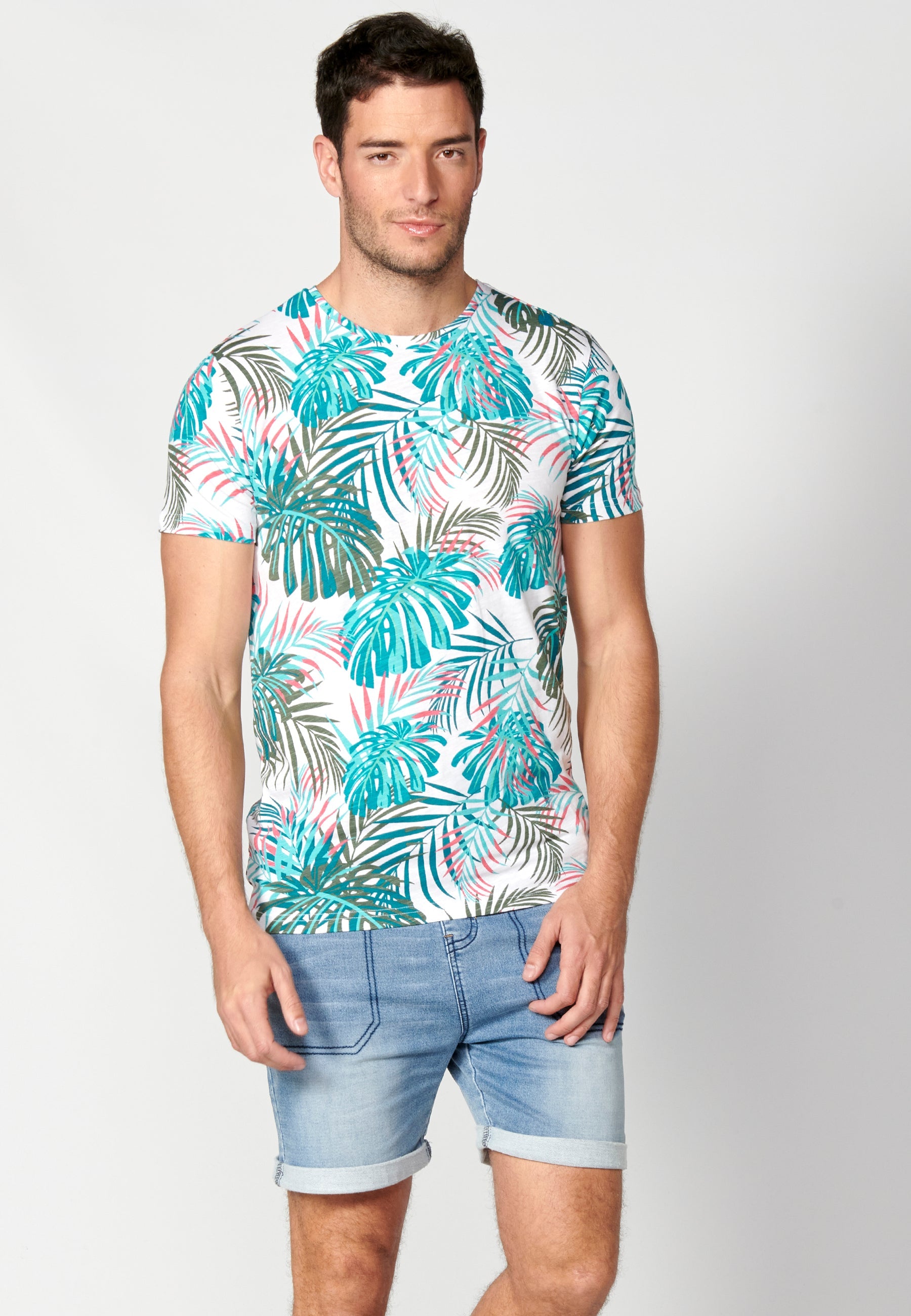 Camiseta Hombre Manga Corta Cuello Redondo Estampado Tropical – Koroshi 2311MC55