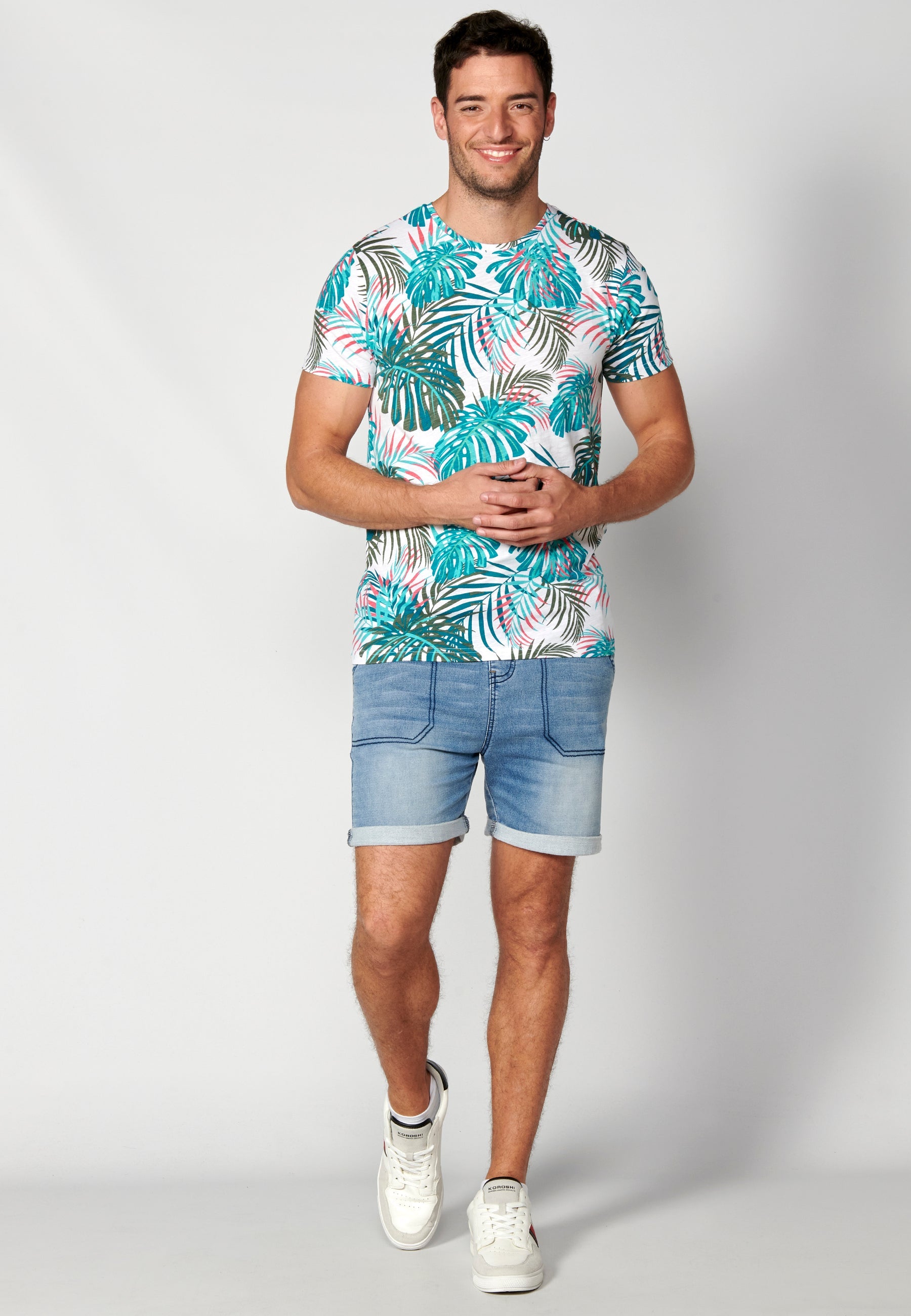 Camiseta Hombre Manga Corta Cuello Redondo Estampado Tropical – Koroshi 2311MC55