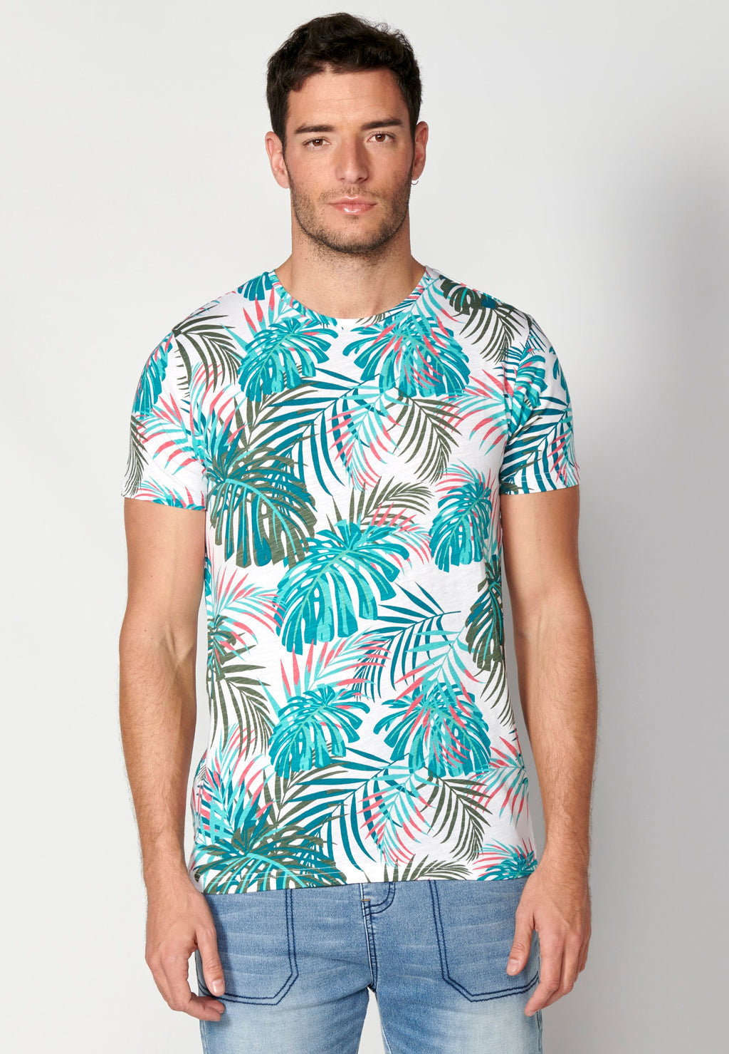 Camiseta Hombre Manga Corta Cuello Redondo Estampado Tropical – Koroshi 2311MC55