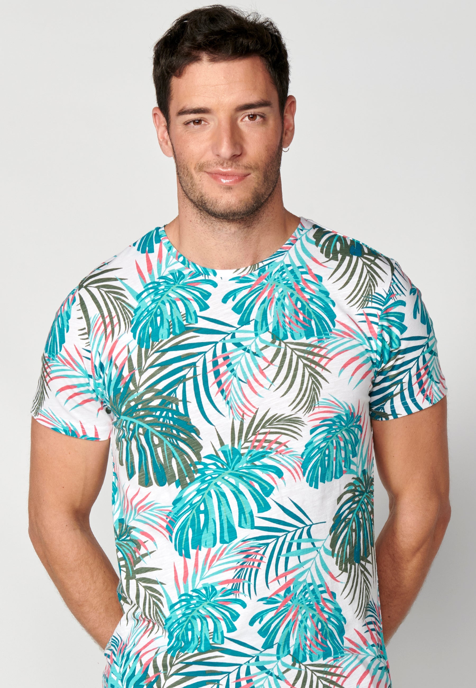 Camiseta Hombre Manga Corta Cuello Redondo Estampado Tropical – Koroshi 2311MC55