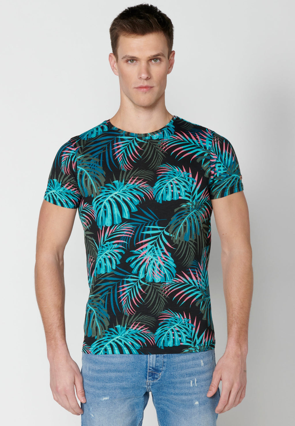 Camiseta Hombre Manga Corta Cuello Redondo Estampado Tropical – Koroshi 2311MC55