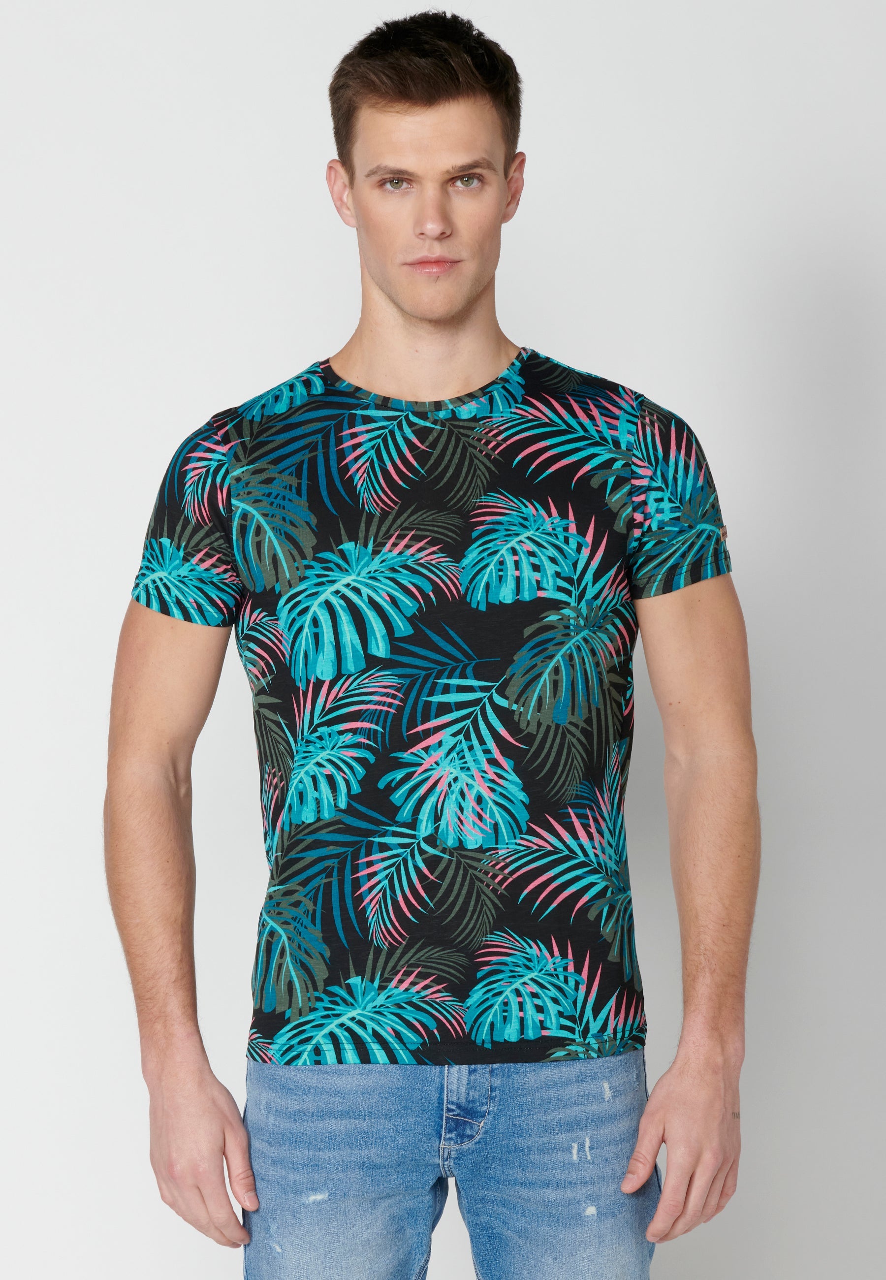 Camiseta Hombre Manga Corta Cuello Redondo Estampado Tropical – Koroshi 2311MC55