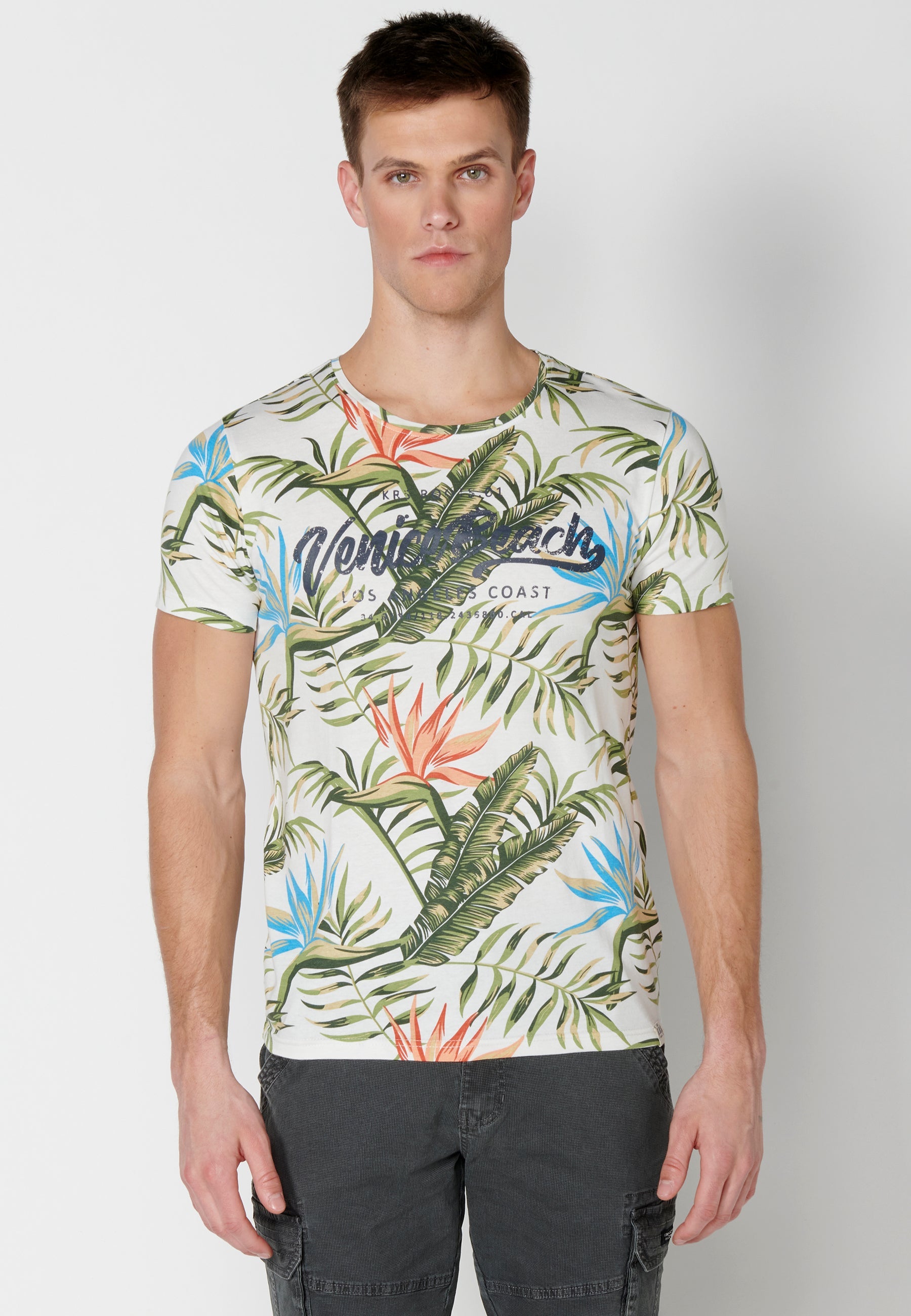 Camiseta Hombre Manga Corta Cuello Redondo Estampado Tropical – Koroshi 2311MC57