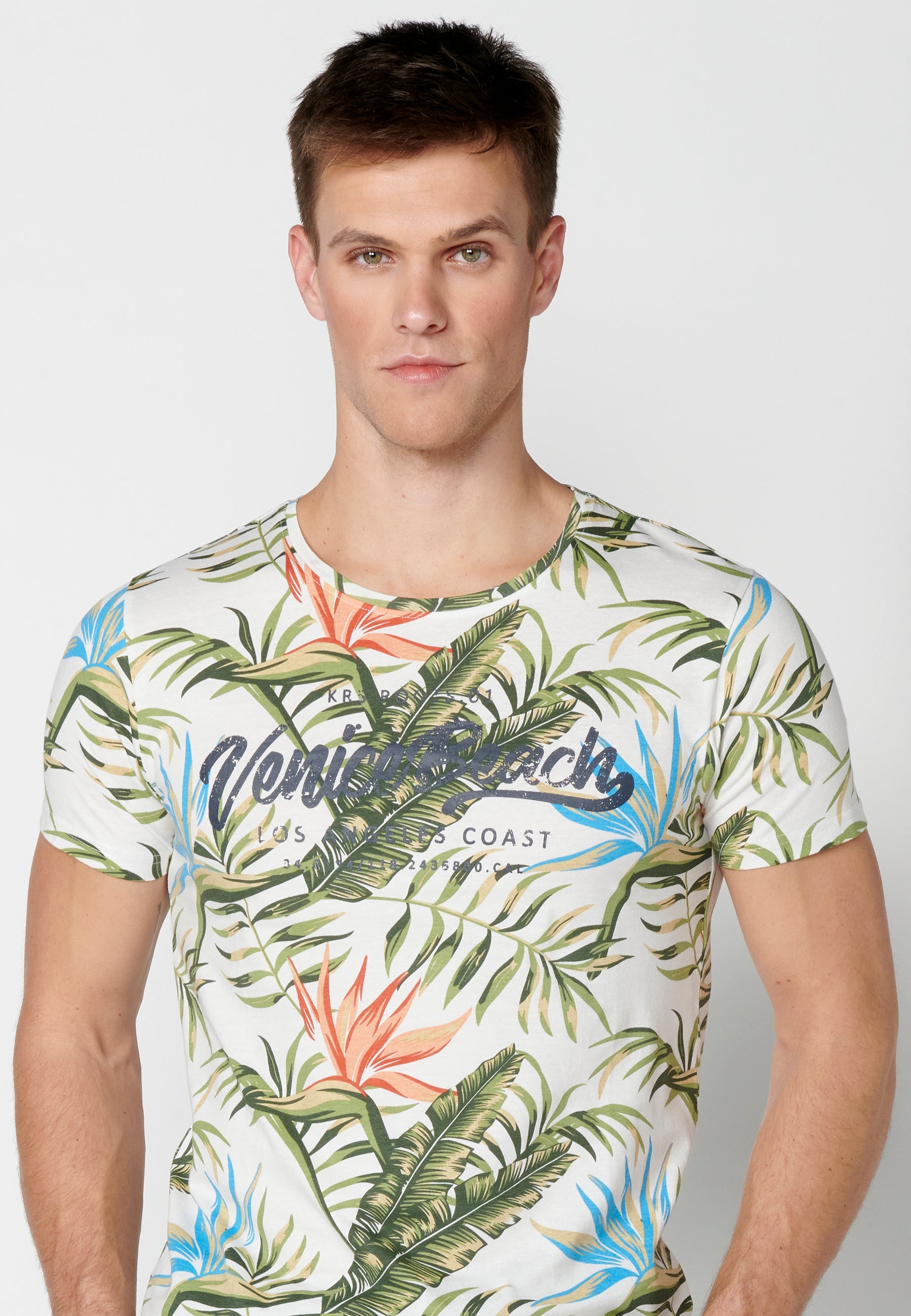 Camiseta Hombre Manga Corta Cuello Redondo Estampado Tropical – Koroshi 2311MC57