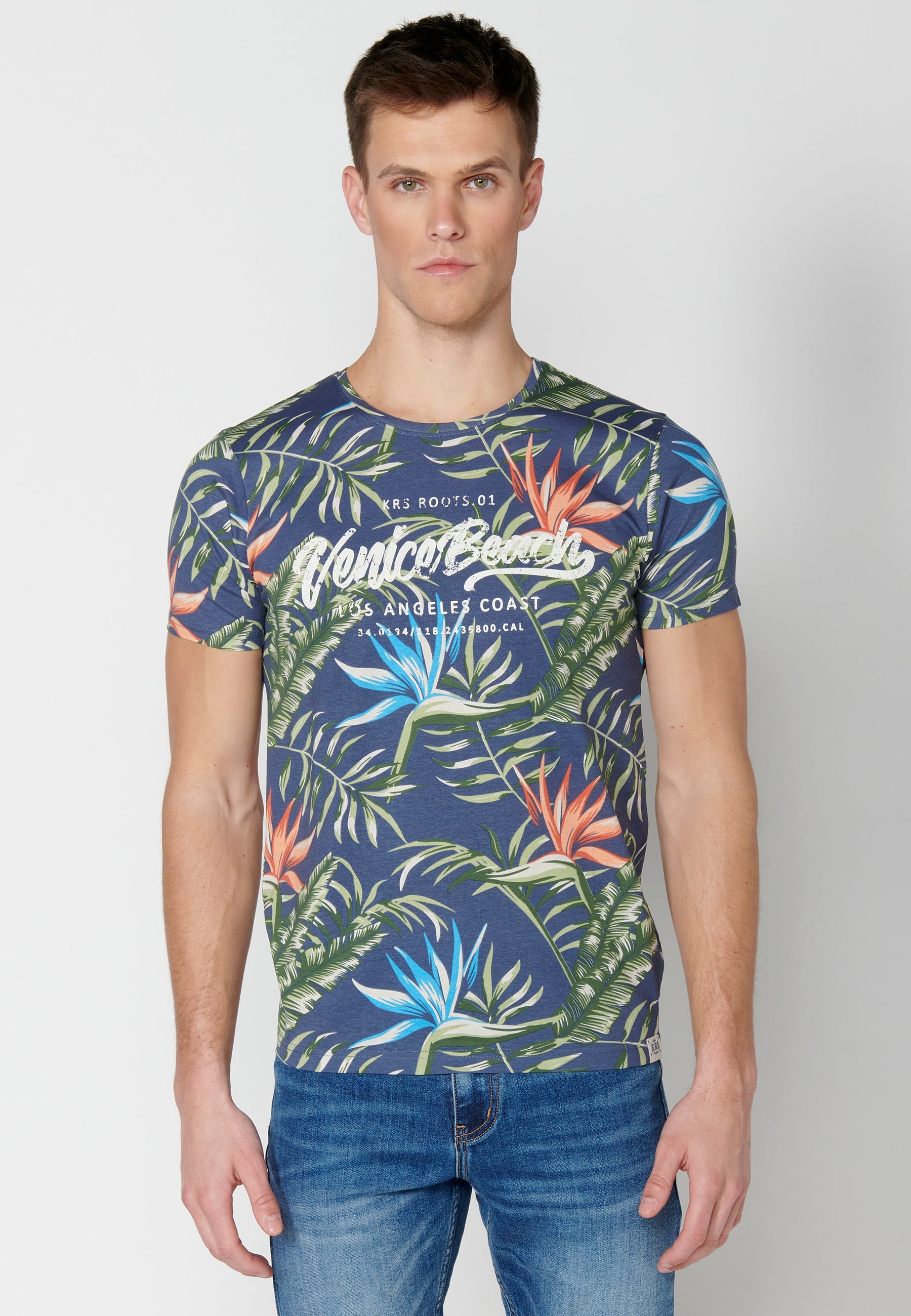 Camiseta Hombre Manga Corta Cuello Redondo Estampado Tropical – Koroshi 2311MC57