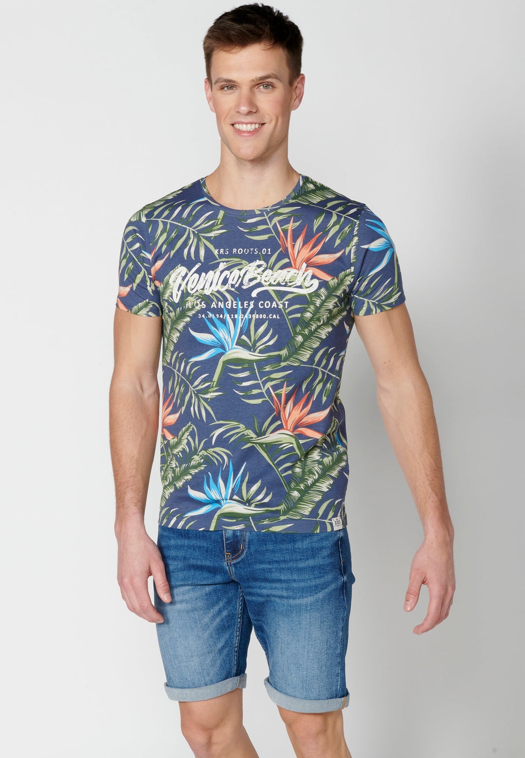 Camiseta Hombre Manga Corta Cuello Redondo Estampado Tropical – Koroshi 2311MC57