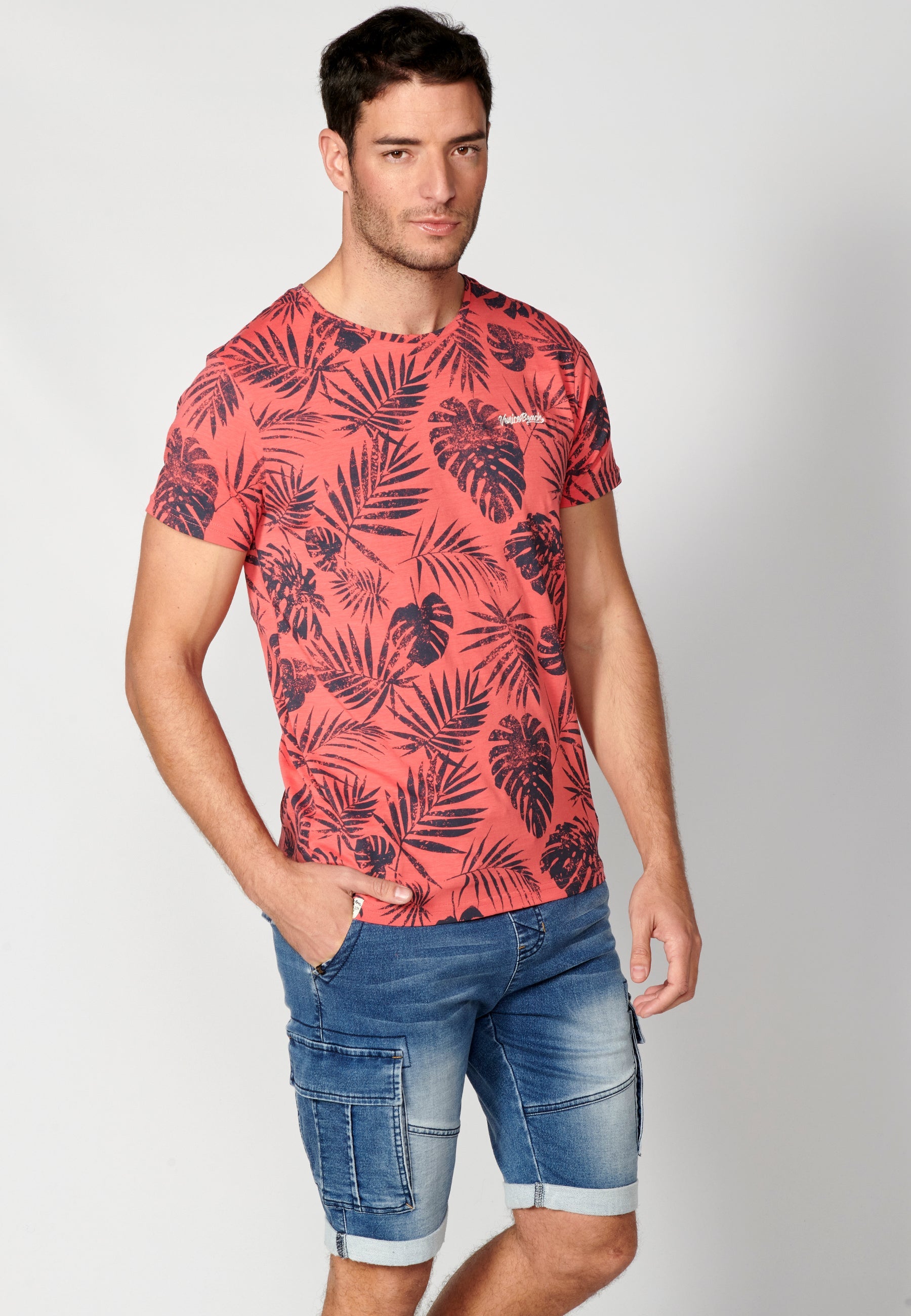 Camiseta Hombre Manga Corta Cuello Redondo Estampado Tropical – Koroshi 2311MC59