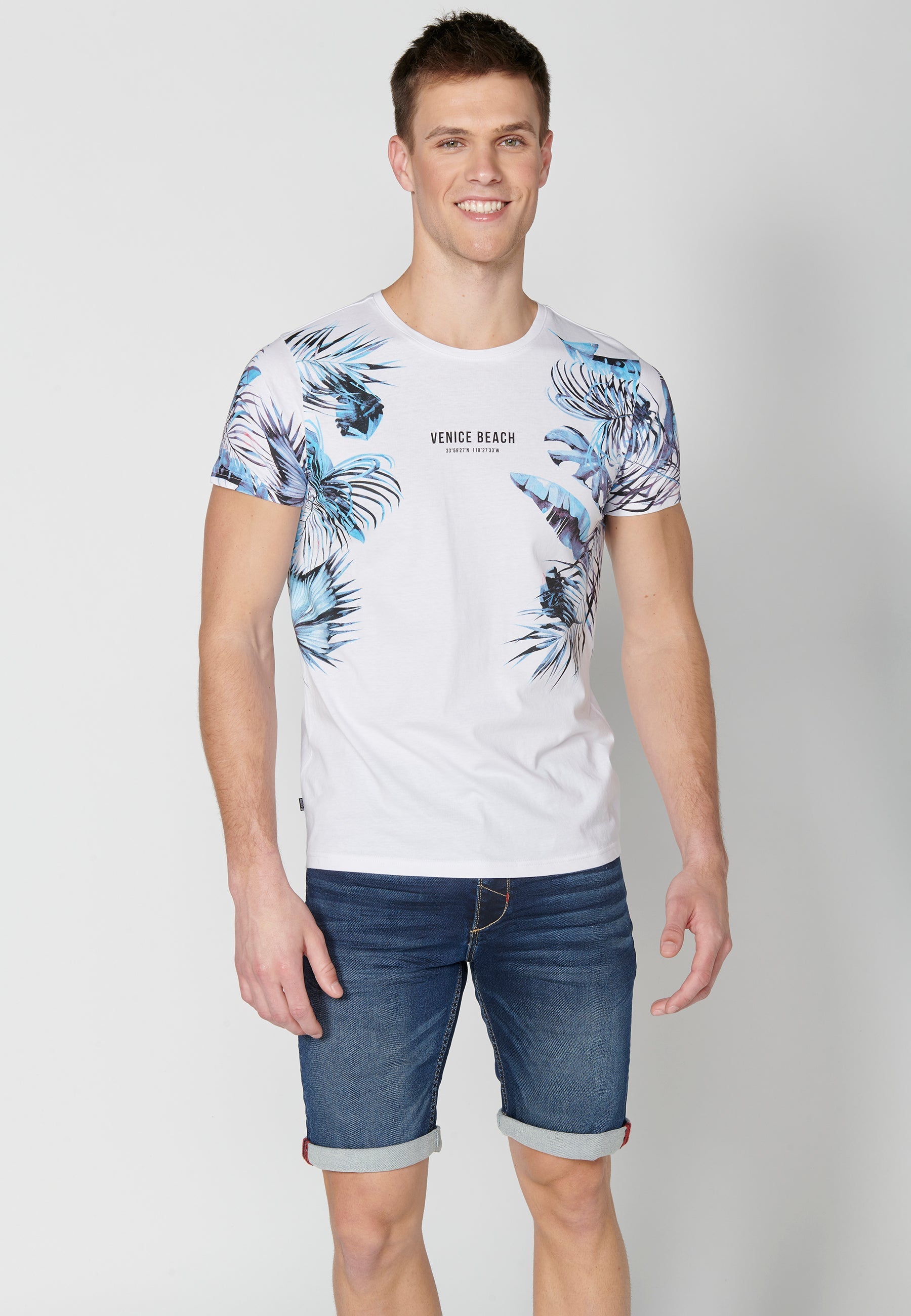 Camiseta Hombre Manga Corta Cuello Redondo Estampado Tropical – Koroshi Blanco