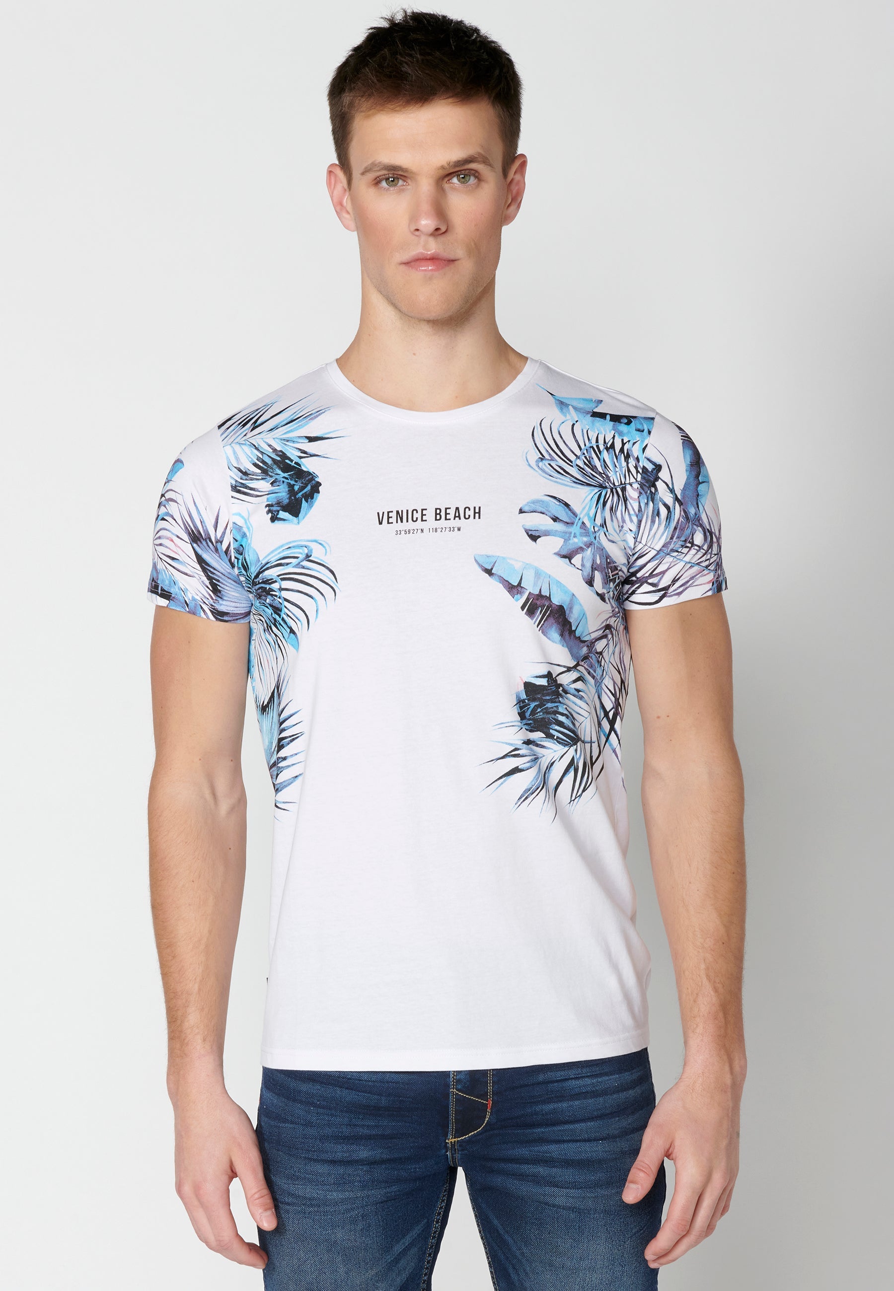 Camiseta Hombre Manga Corta Cuello Redondo Estampado Tropical – Koroshi Blanco