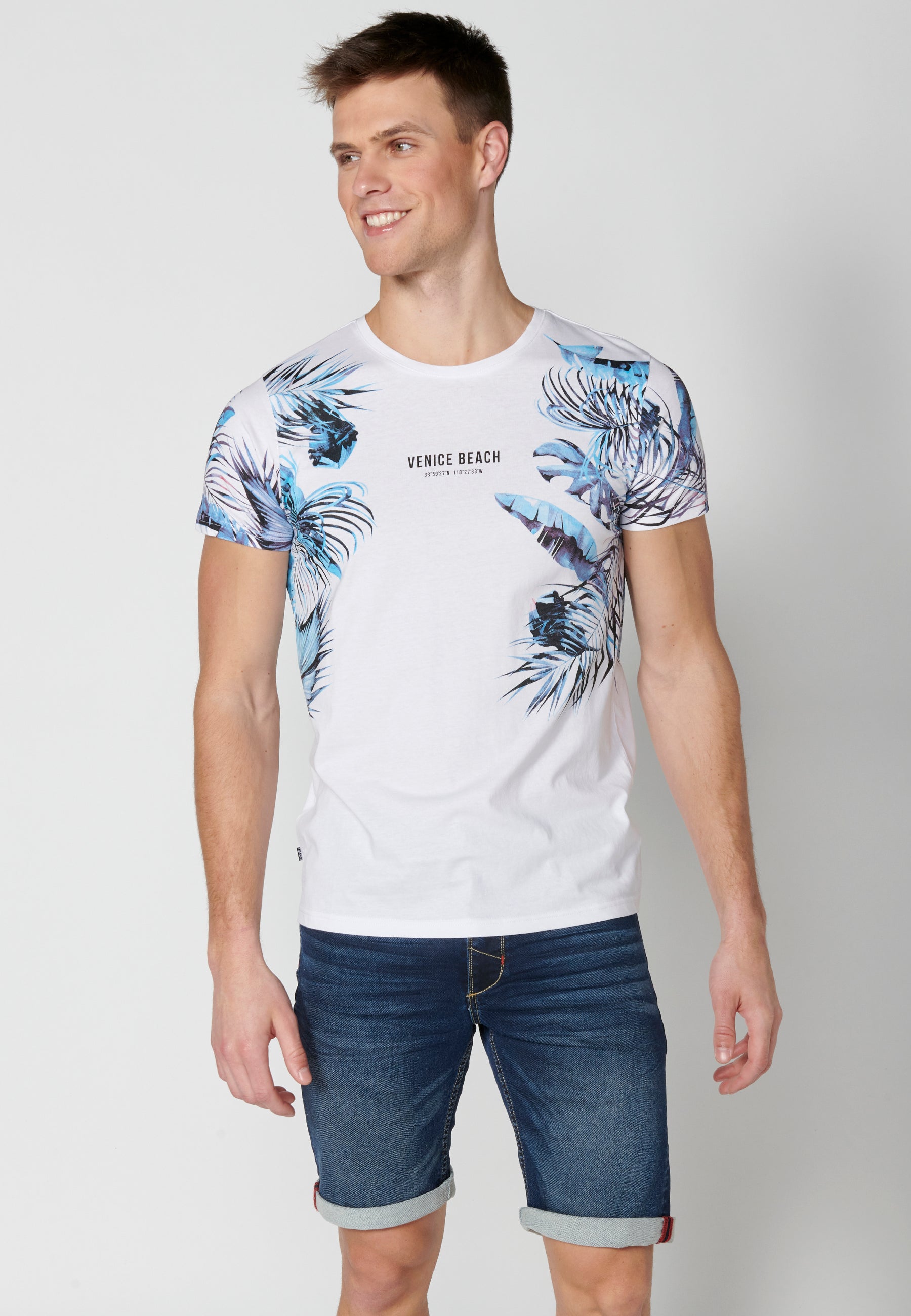 Camiseta Hombre Manga Corta Cuello Redondo Estampado Tropical – Koroshi Blanco
