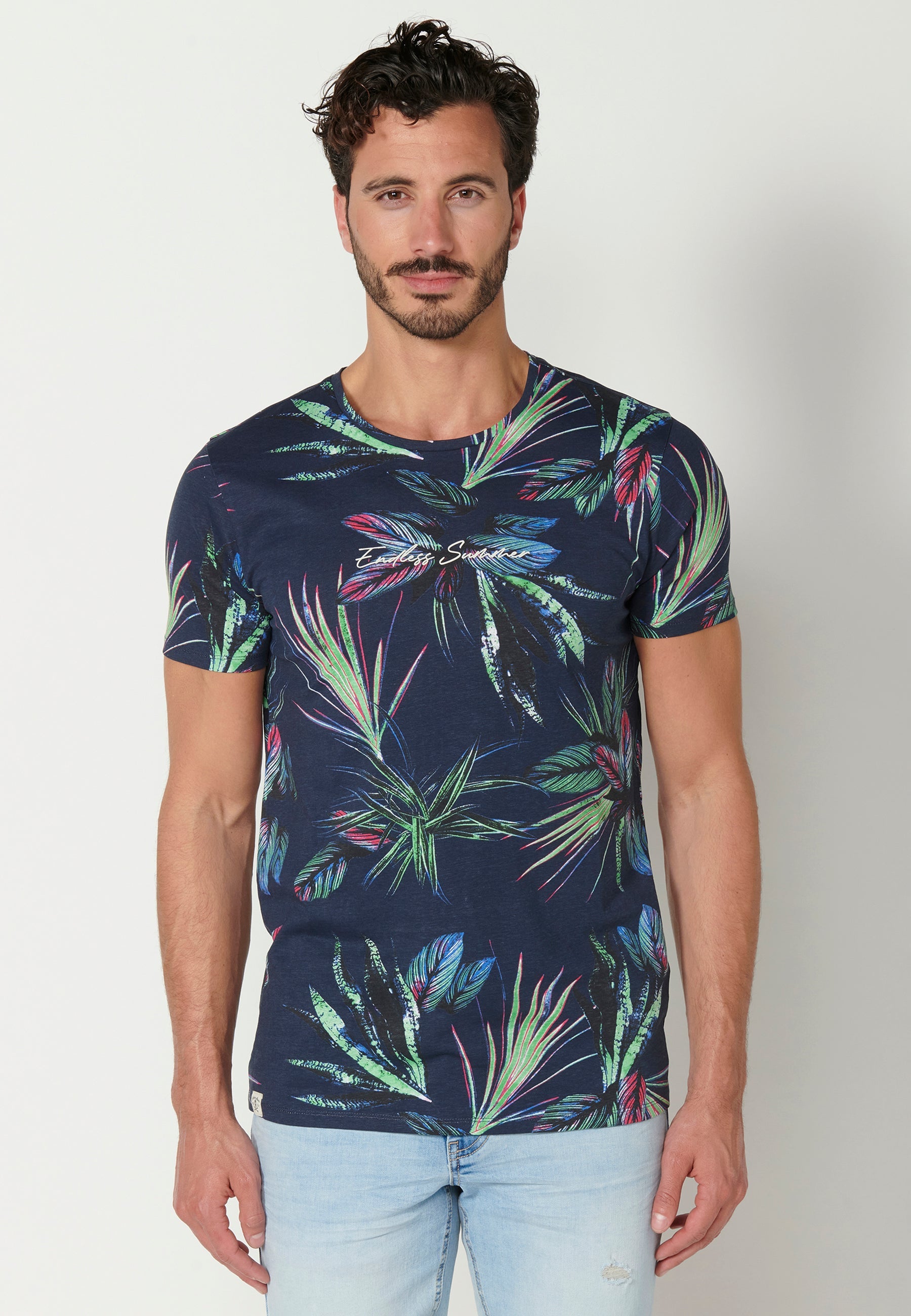 Camiseta Hombre Manga Corta Cuello Redondo Estampado Tropical – Koroshi Negro