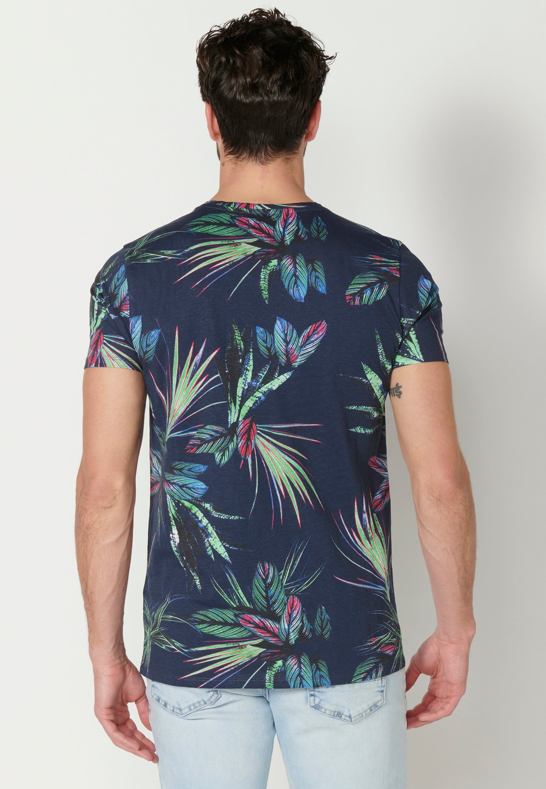 Camiseta Hombre Manga Corta Cuello Redondo Estampado Tropical – Koroshi Negro