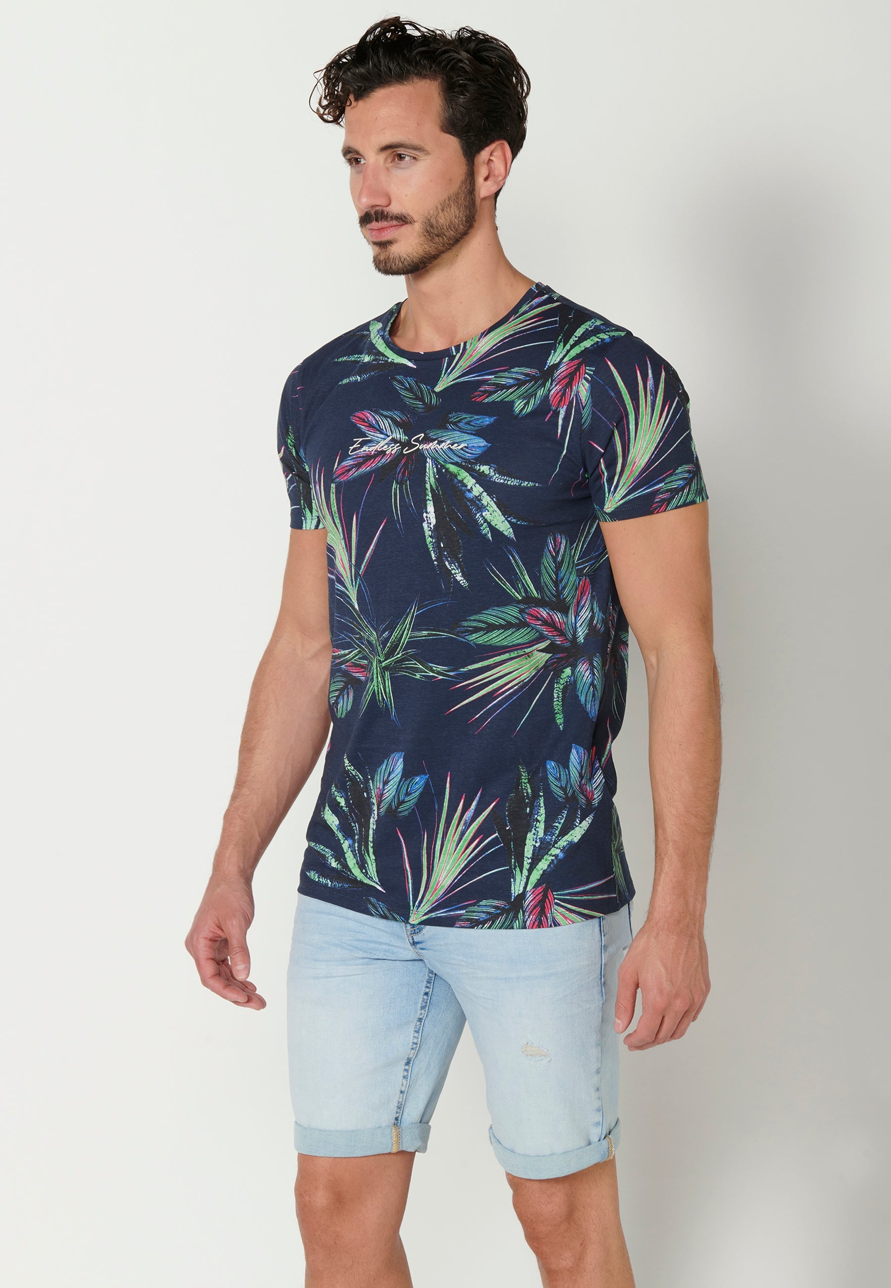 Camiseta Hombre Manga Corta Cuello Redondo Estampado Tropical – Koroshi Negro