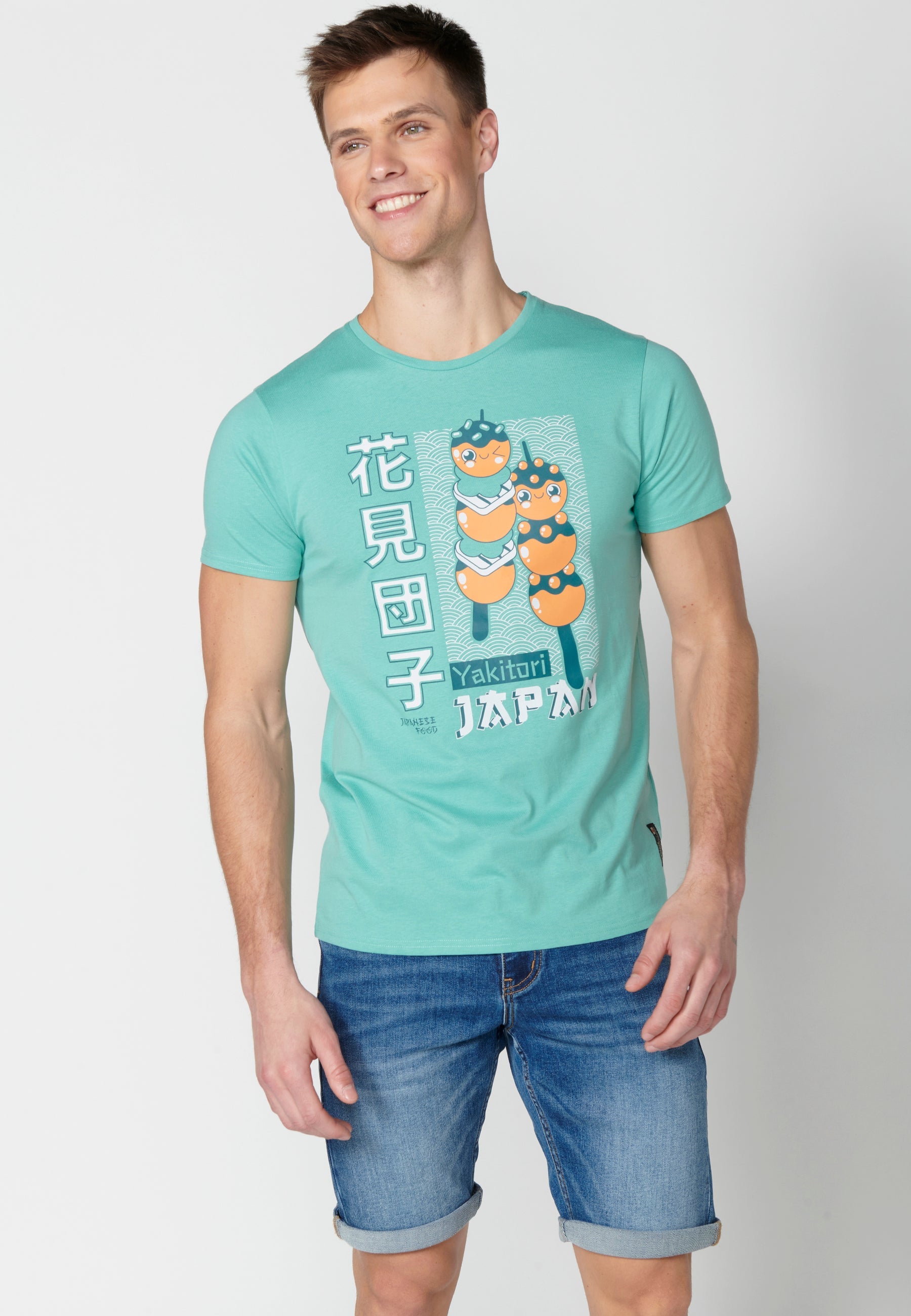 Camiseta Hombre Manga Corta Cuello Redondo Estampada – Koroshi Menta