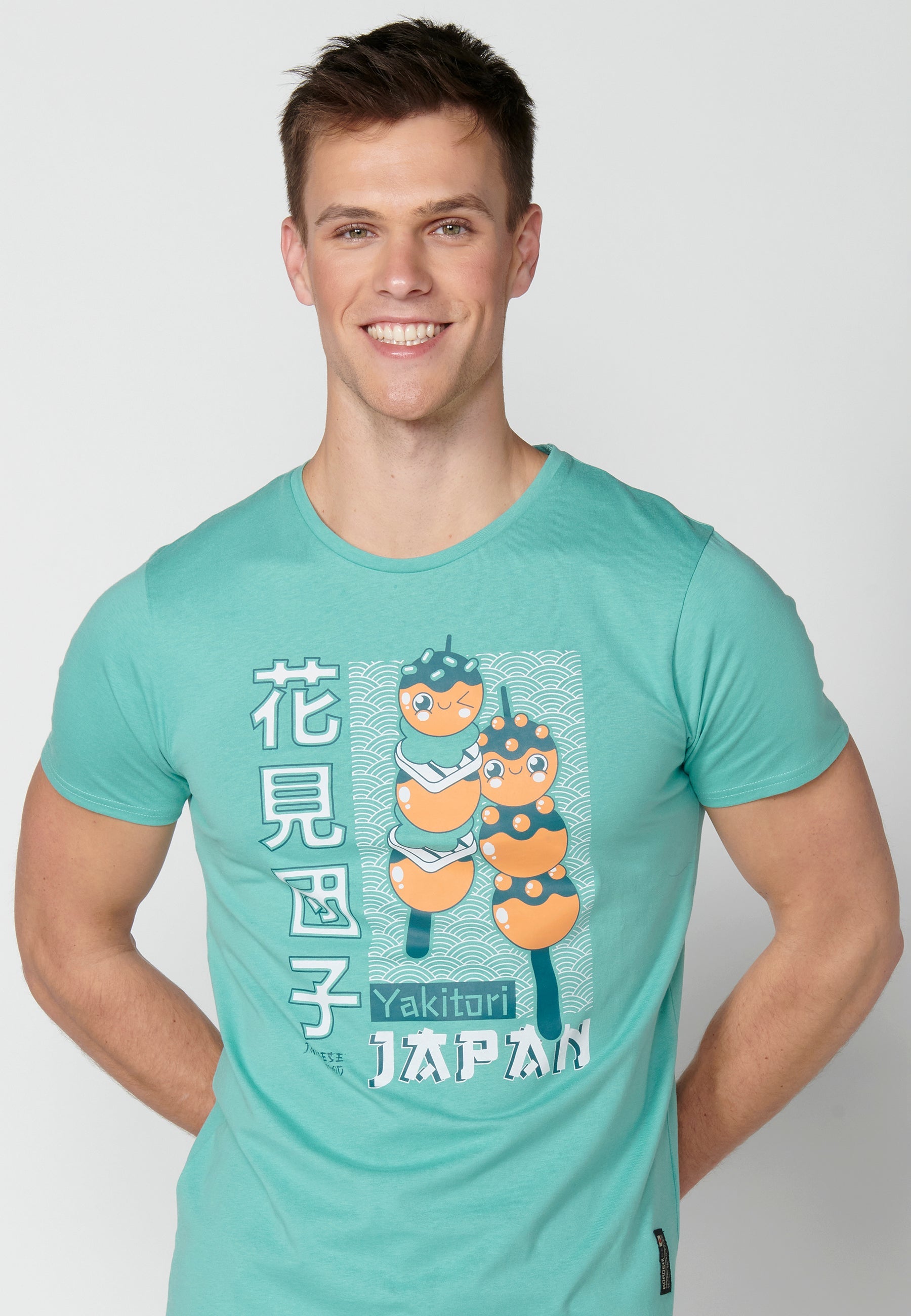 Camiseta Hombre Manga Corta Cuello Redondo Estampada – Koroshi Menta
