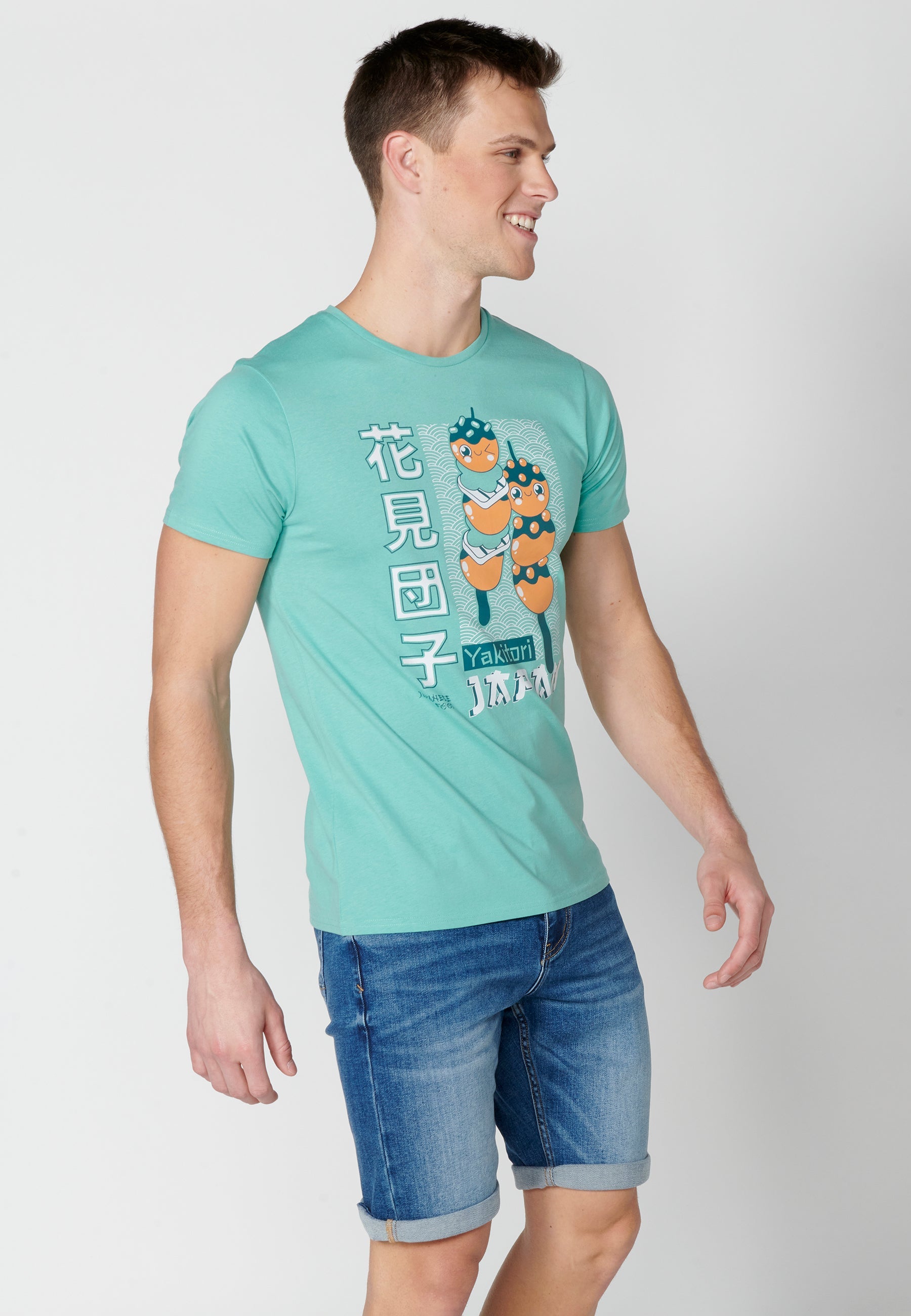 Camiseta Hombre Manga Corta Cuello Redondo Estampada – Koroshi Menta