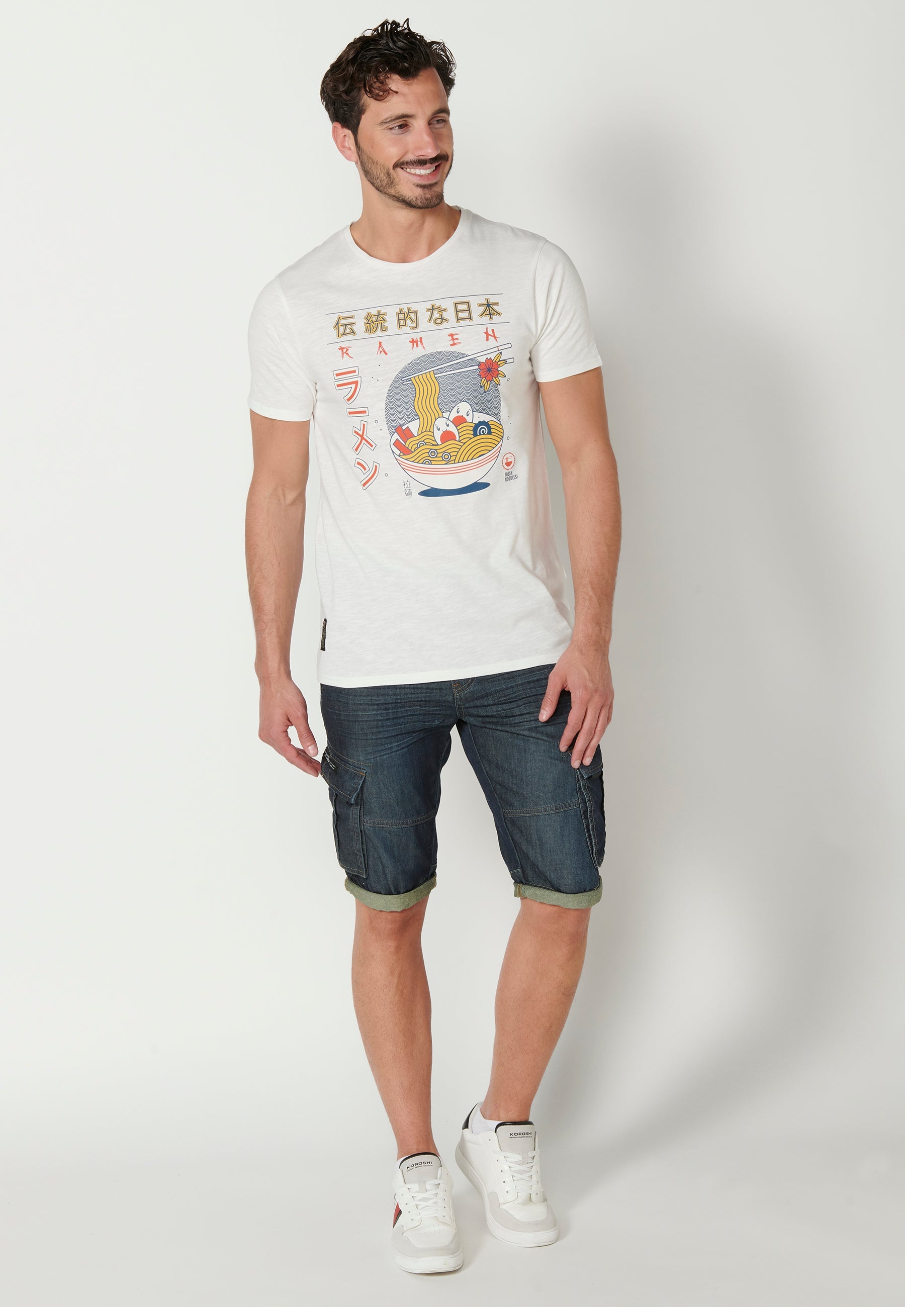 Camiseta Hombre Manga Corta Cuello Redondo Estampada – Koroshi Crudo