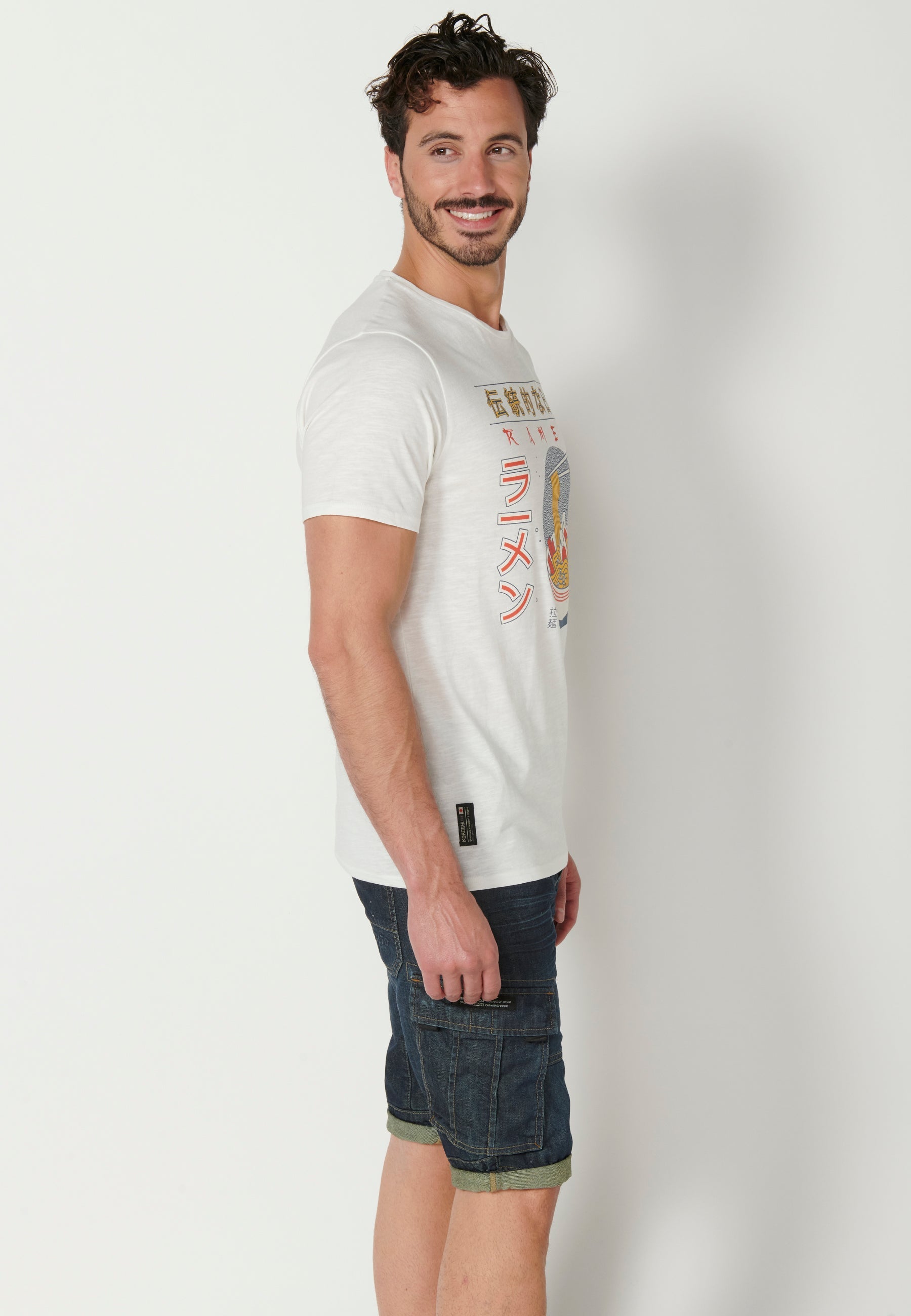 Camiseta Hombre Manga Corta Cuello Redondo Estampada – Koroshi Crudo