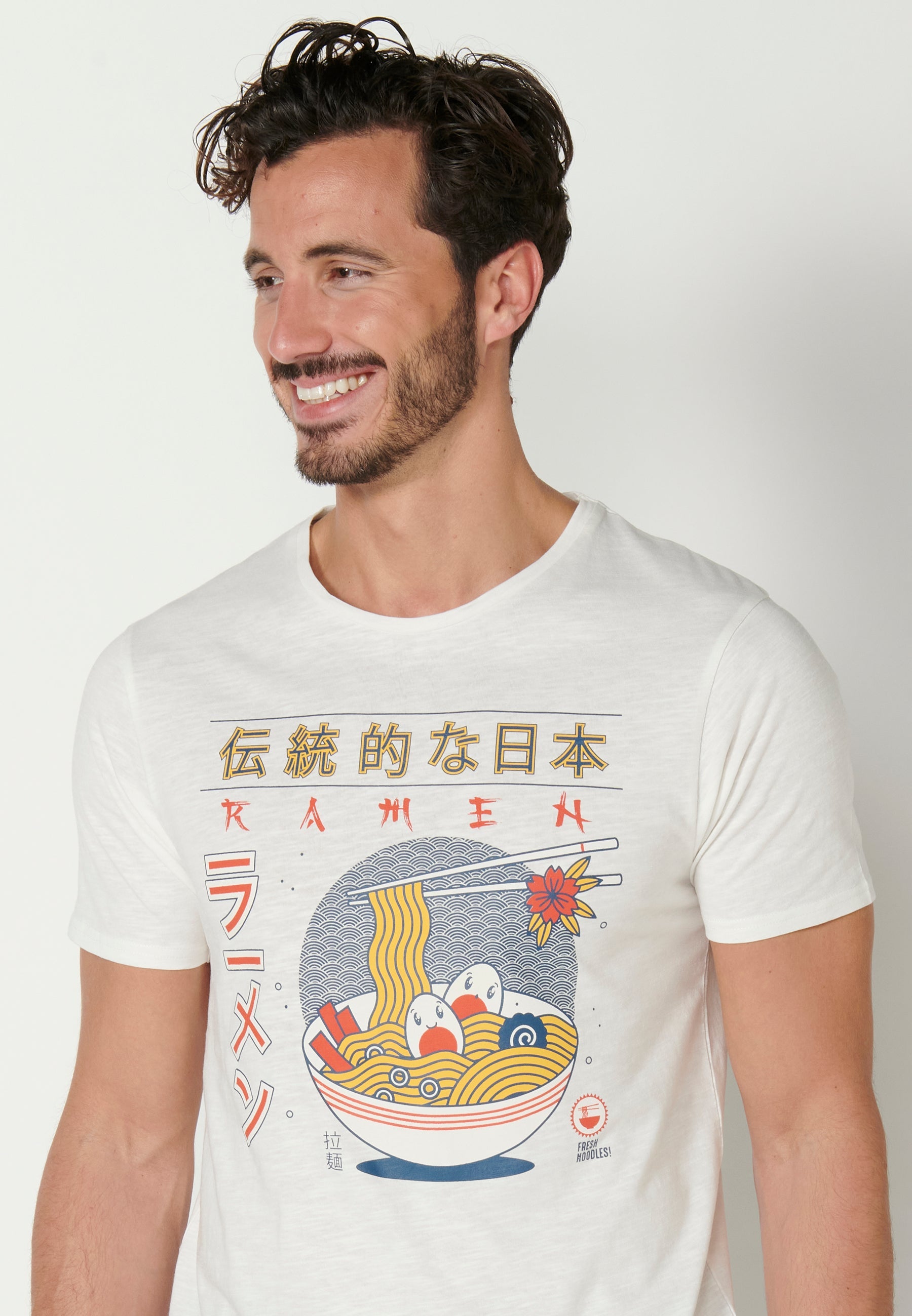 Camiseta Hombre Manga Corta Cuello Redondo Estampada – Koroshi Crudo