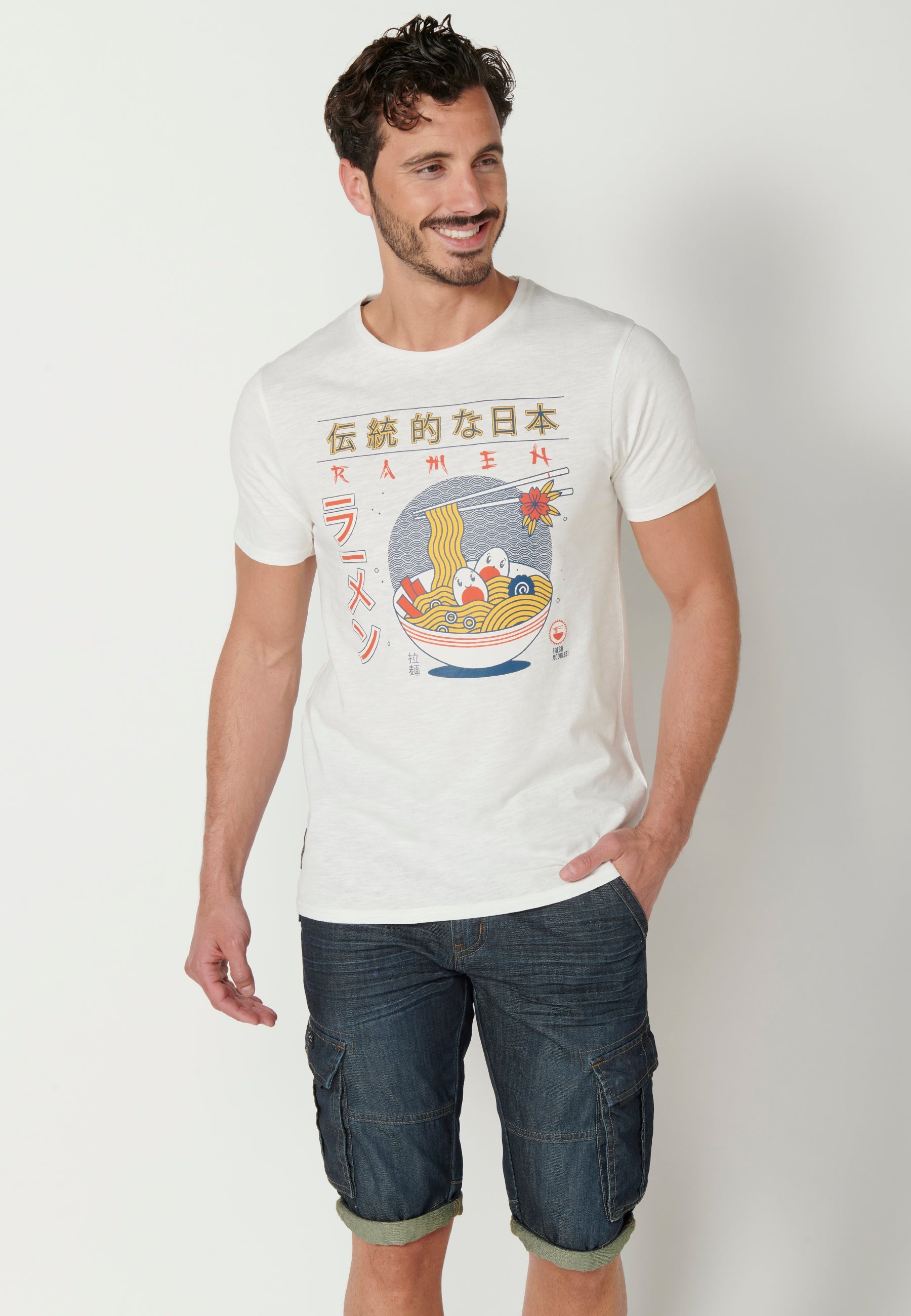 Camiseta Hombre Manga Corta Cuello Redondo Estampada – Koroshi Crudo
