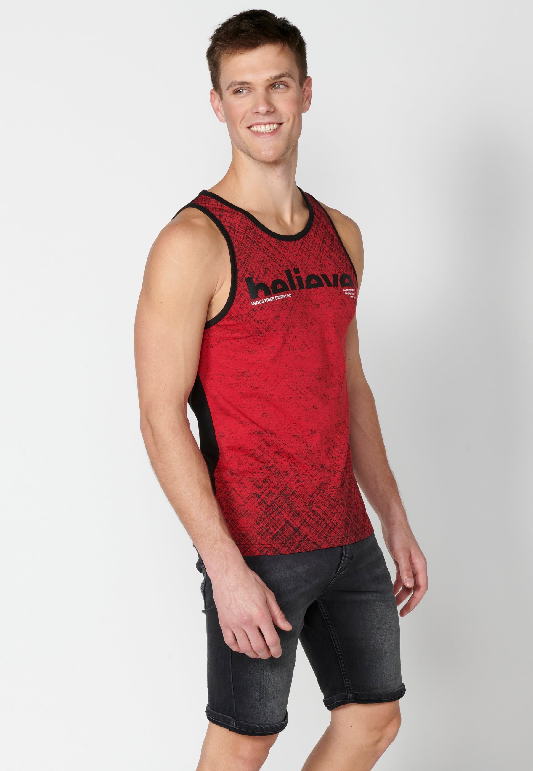Camiseta Sin Mangas Hombre con Texto en el Pecho – Koroshi Rojo