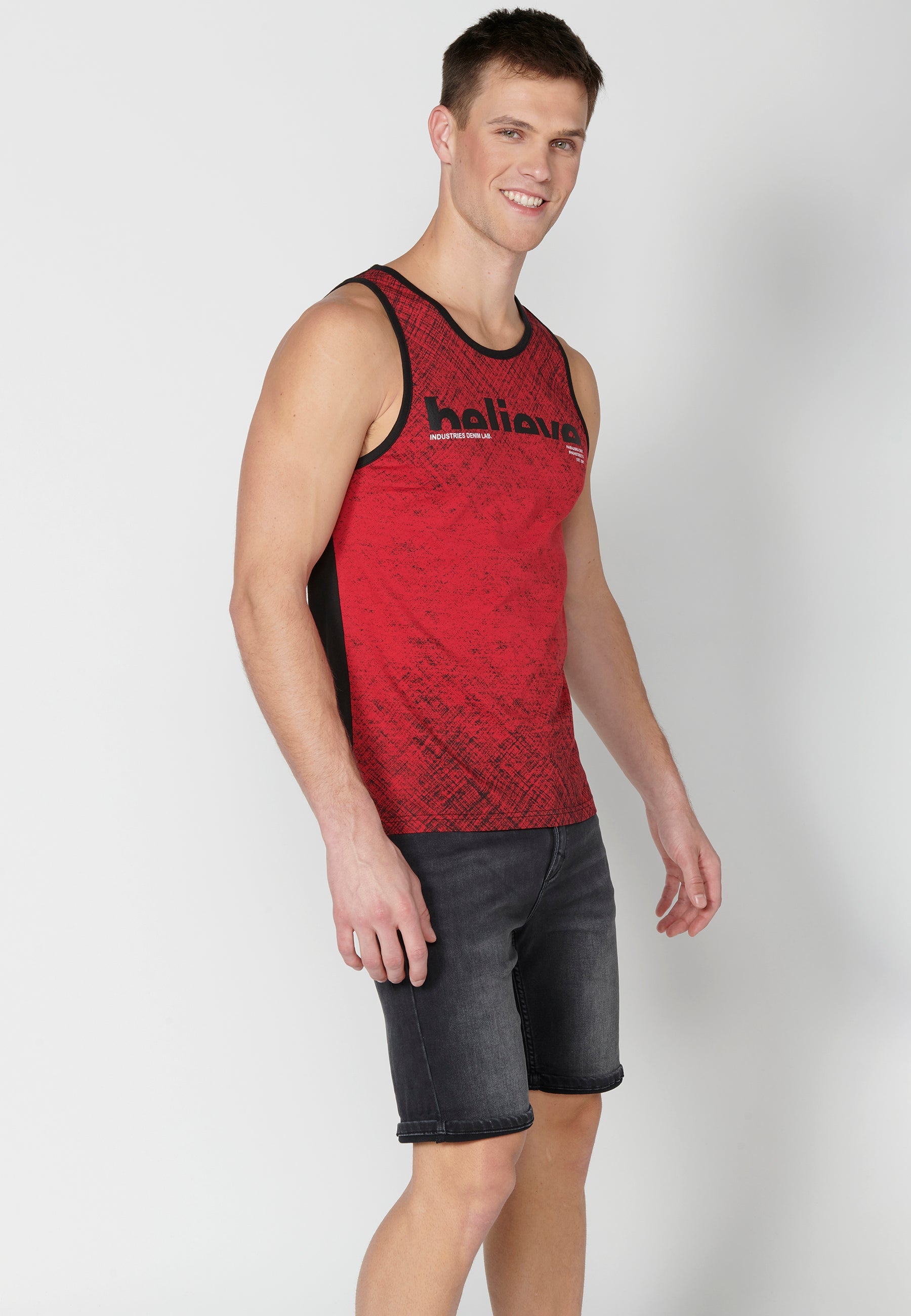 Camiseta Sin Mangas Hombre con Texto en el Pecho – Koroshi Rojo