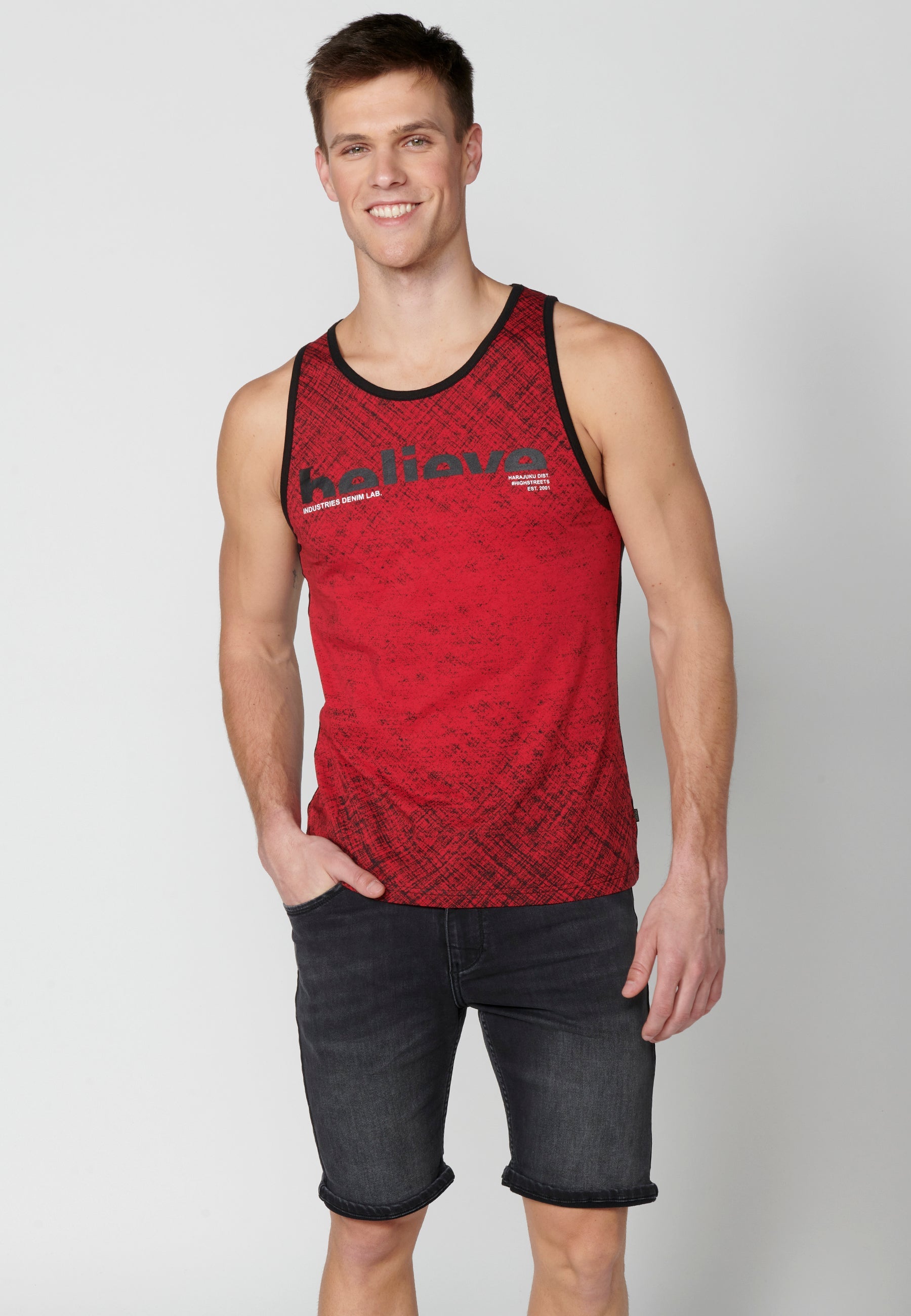 Camiseta Sin Mangas Hombre con Texto en el Pecho – Koroshi Rojo