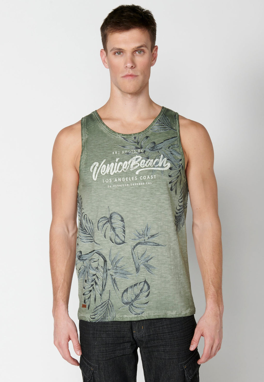 Camiseta Sin Mangas Hombre Estampado Tropical – Koroshi Kaki