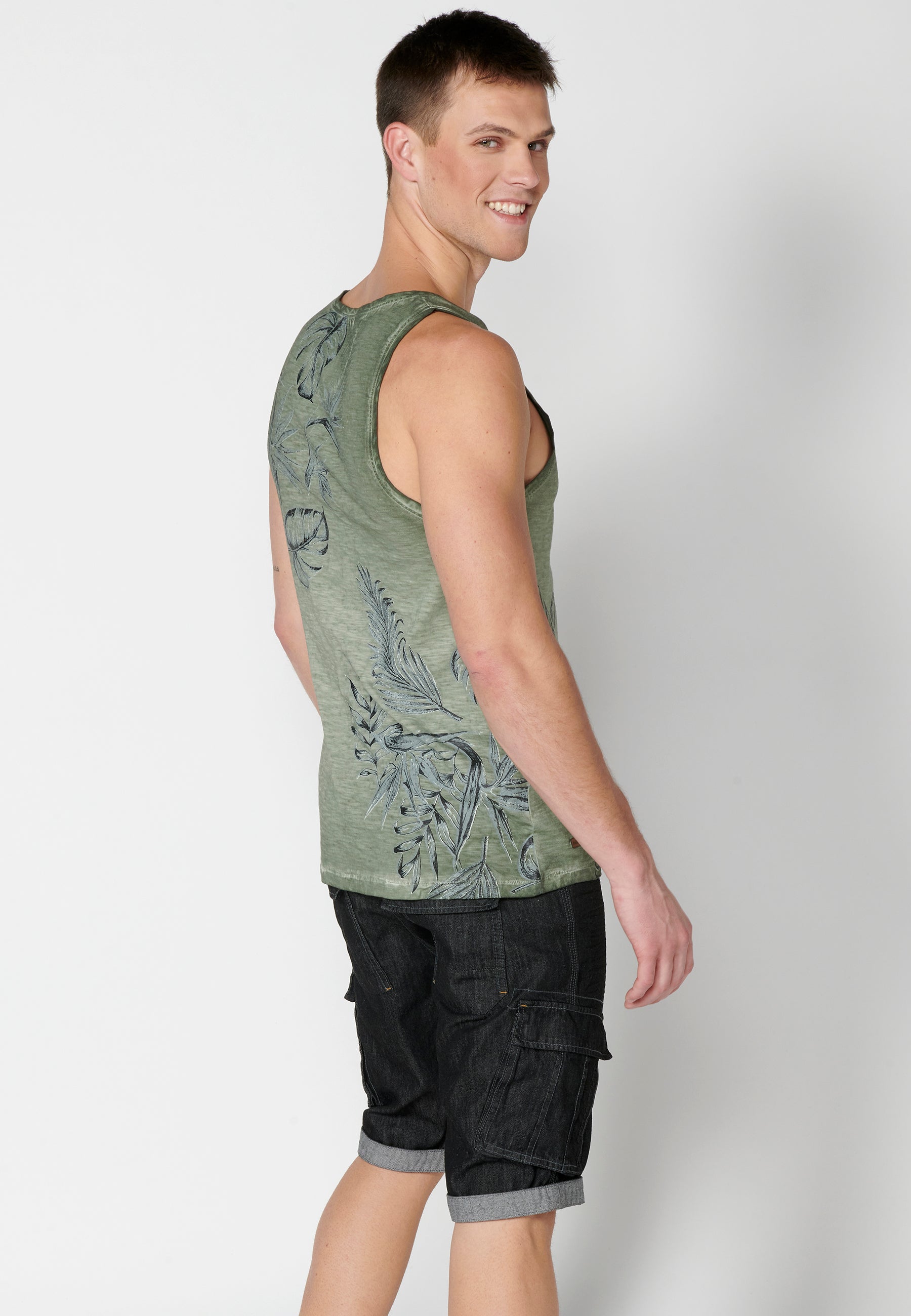 Camiseta Sin Mangas Hombre Estampado Tropical – Koroshi Kaki