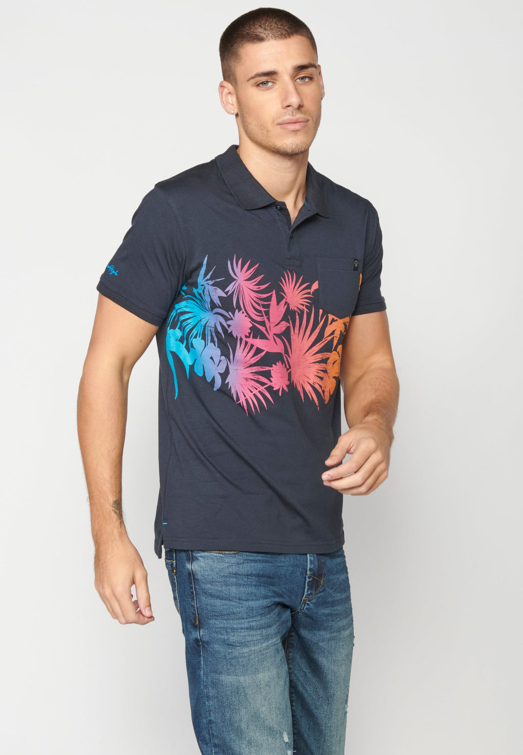 Polo Hombre Manga Corta Cuello Camisero Estampado Tropical – Koroshi Navy