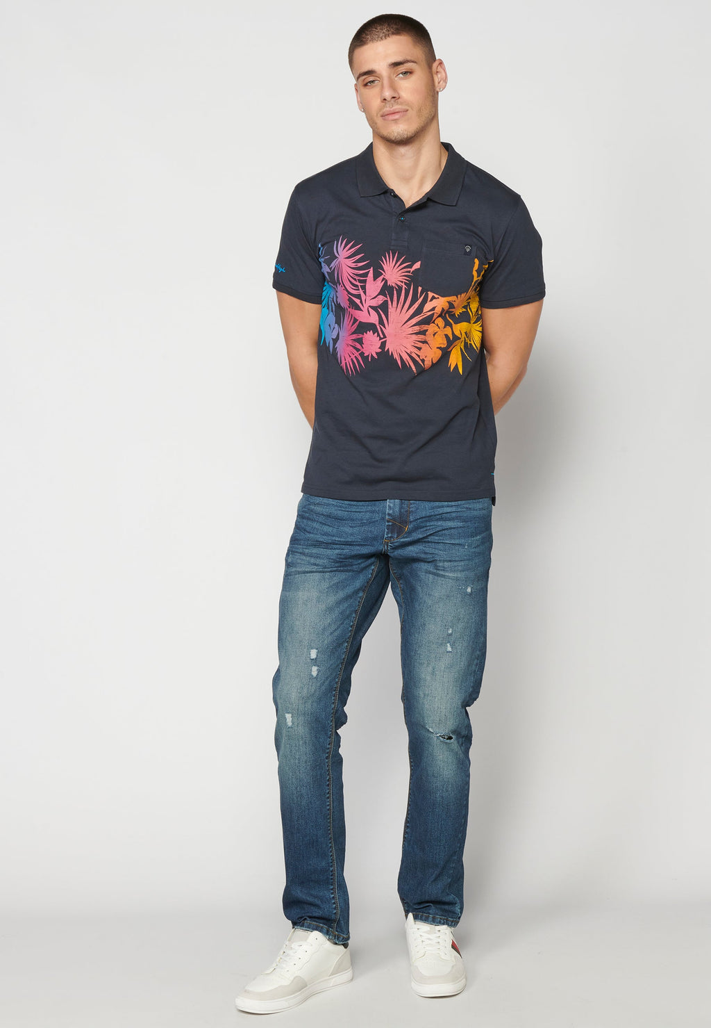 Polo Hombre Manga Corta Cuello Camisero Estampado Tropical – Koroshi Navy