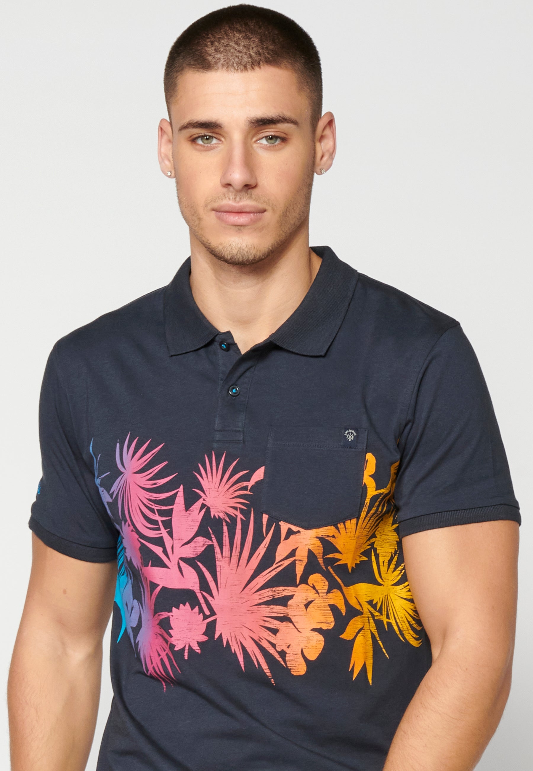 Polo Hombre Manga Corta Cuello Camisero Estampado Tropical – Koroshi Navy