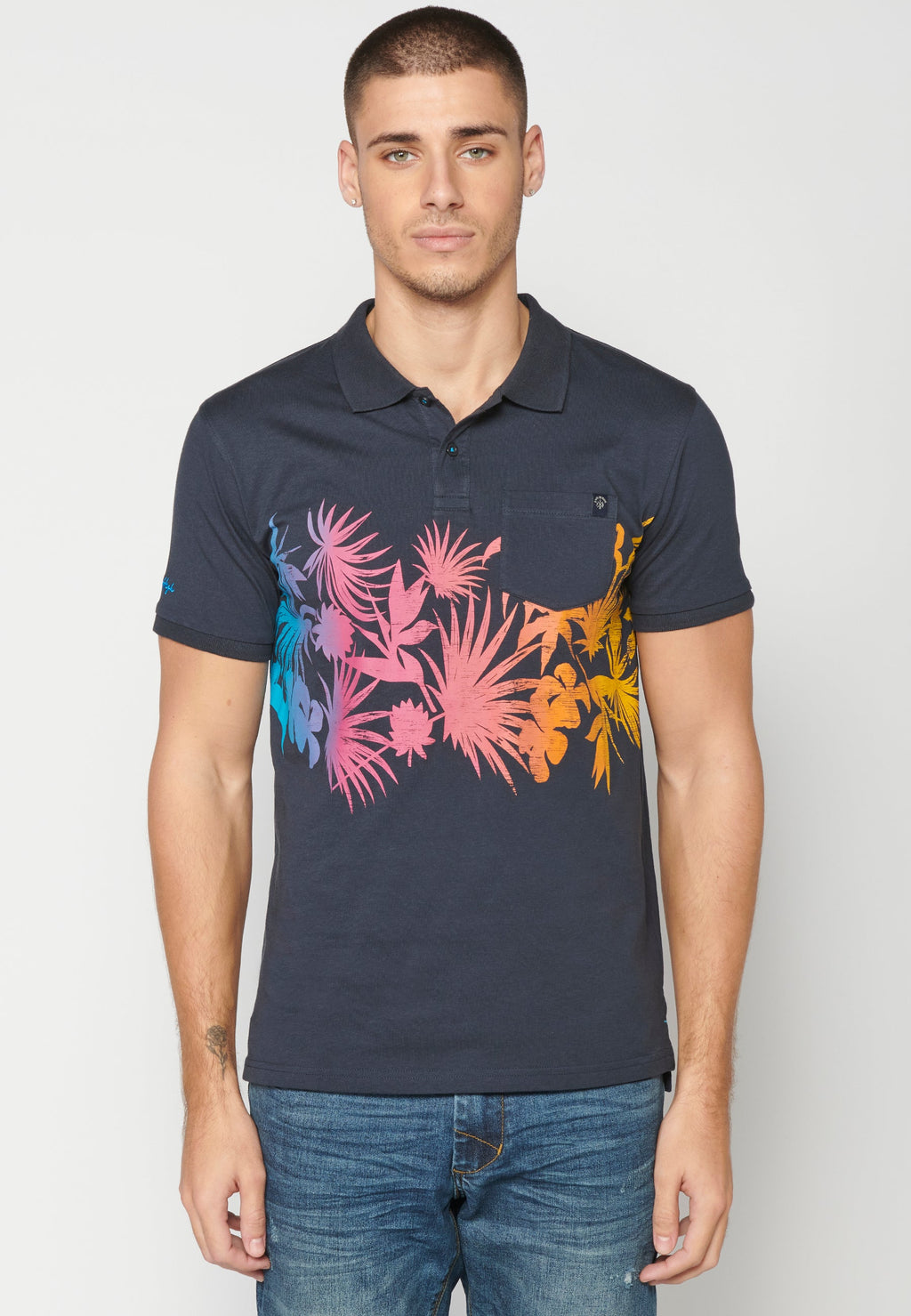 Polo Hombre Manga Corta Cuello Camisero Estampado Tropical – Koroshi Navy