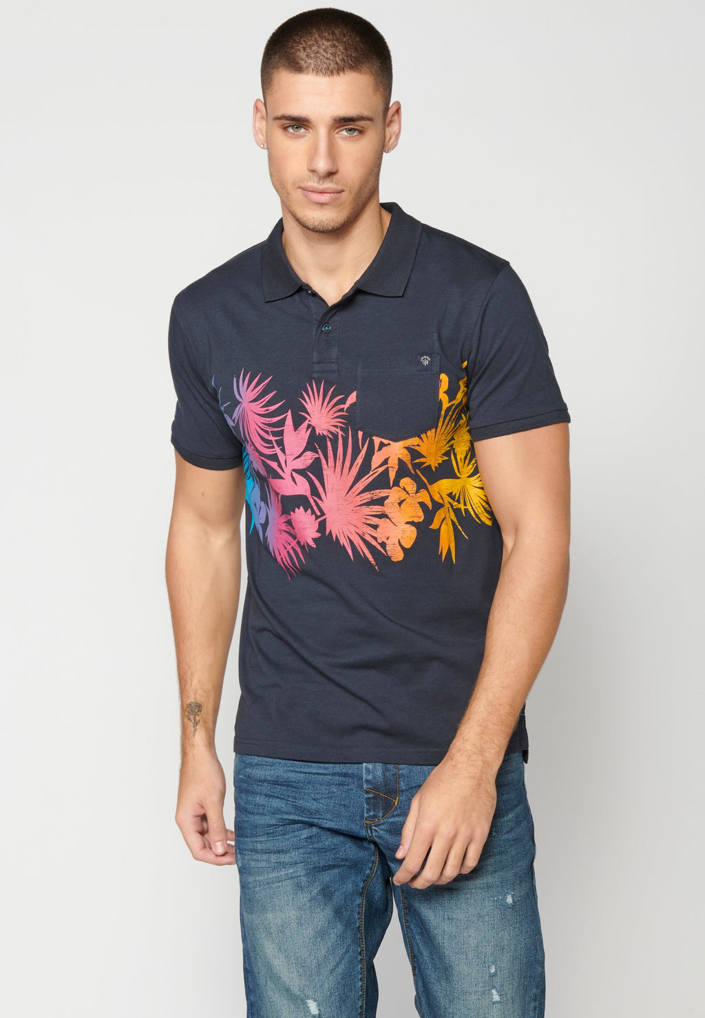 Polo Hombre Manga Corta Cuello Camisero Estampado Tropical – Koroshi Navy