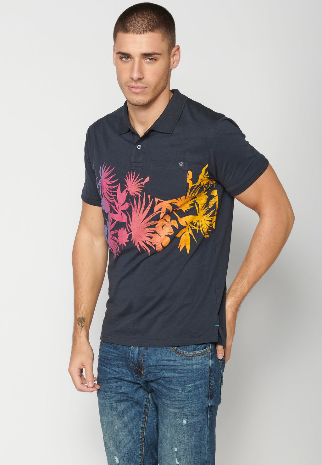 Polo Hombre Manga Corta Cuello Camisero Estampado Tropical – Koroshi Navy