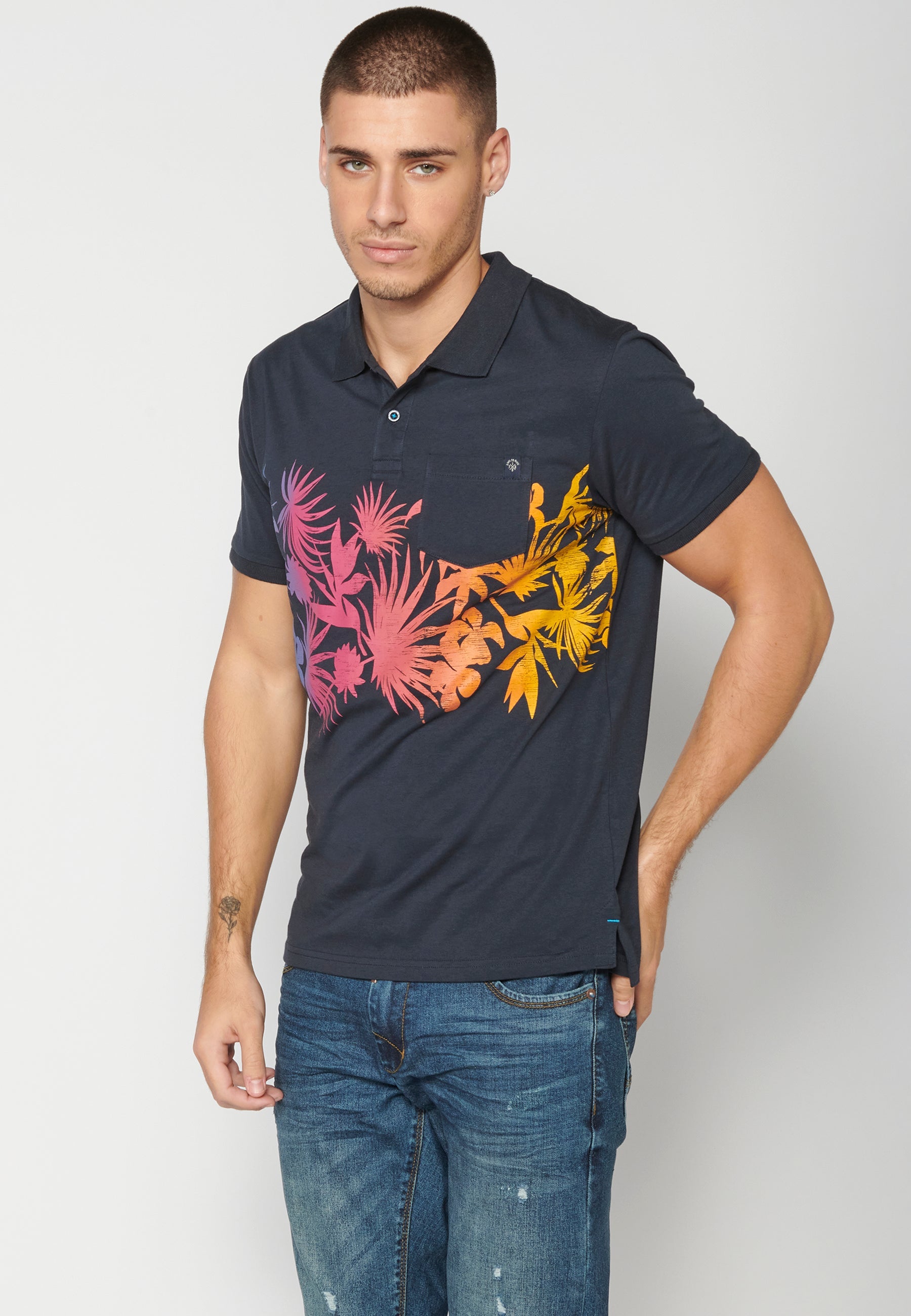 Polo Hombre Manga Corta Cuello Camisero Estampado Tropical – Koroshi Navy