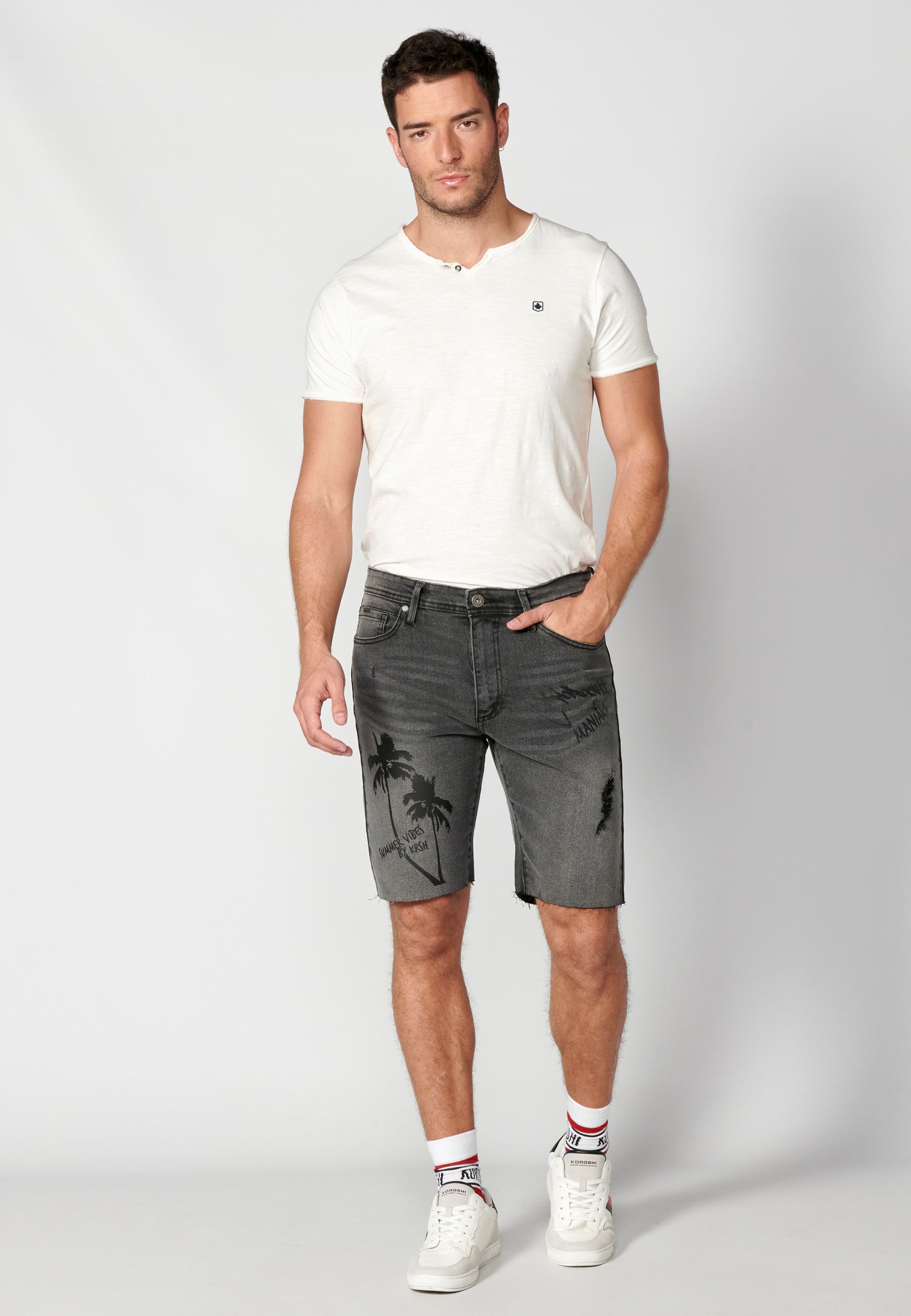 Bermuda Hombre Vaquera Estampado Palmeras – Koroshi Negro