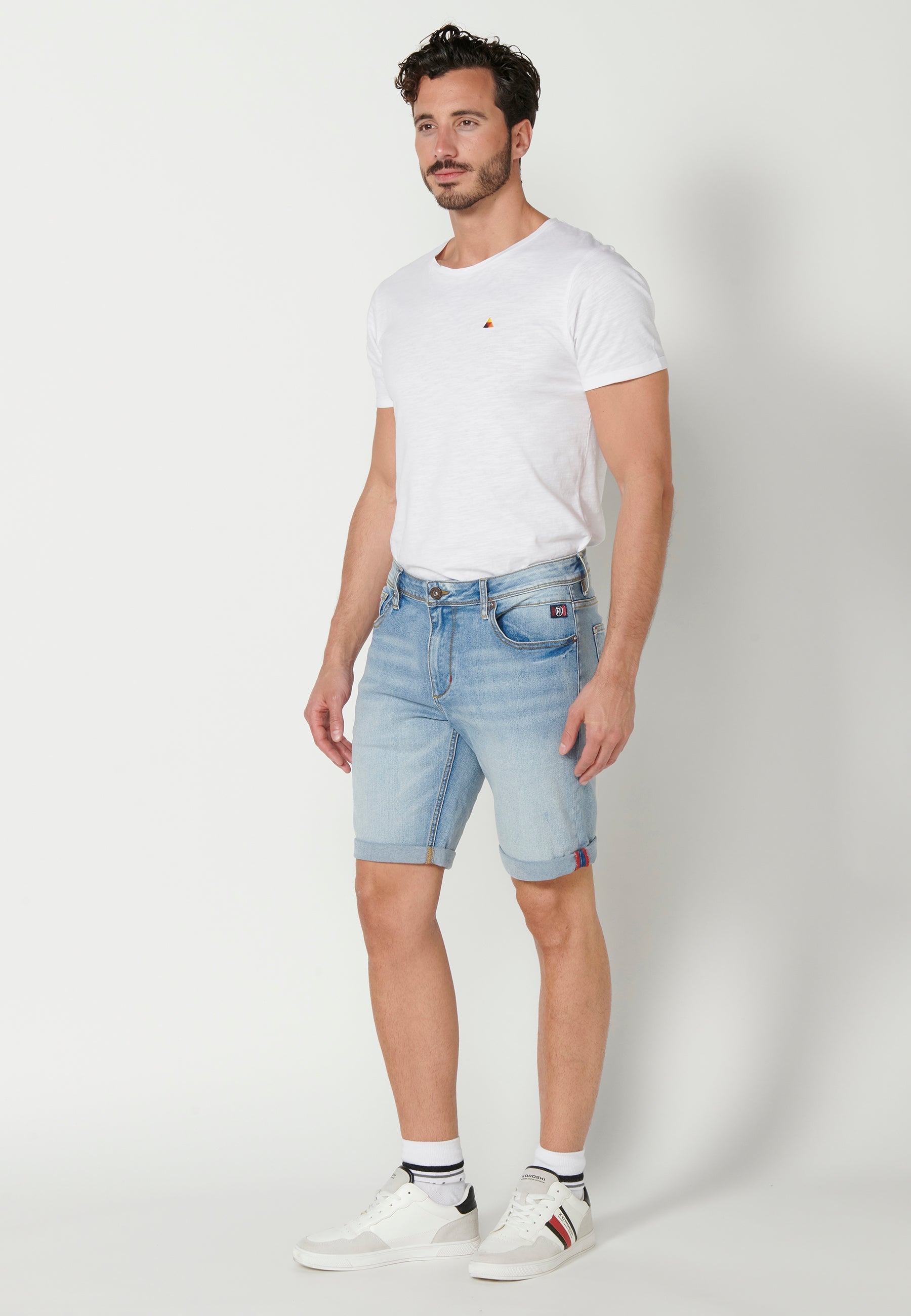Bermuda Hombre Vaquera Stretch Acabado Vuelta 5 Bolsillos – Koroshi Azul Claro