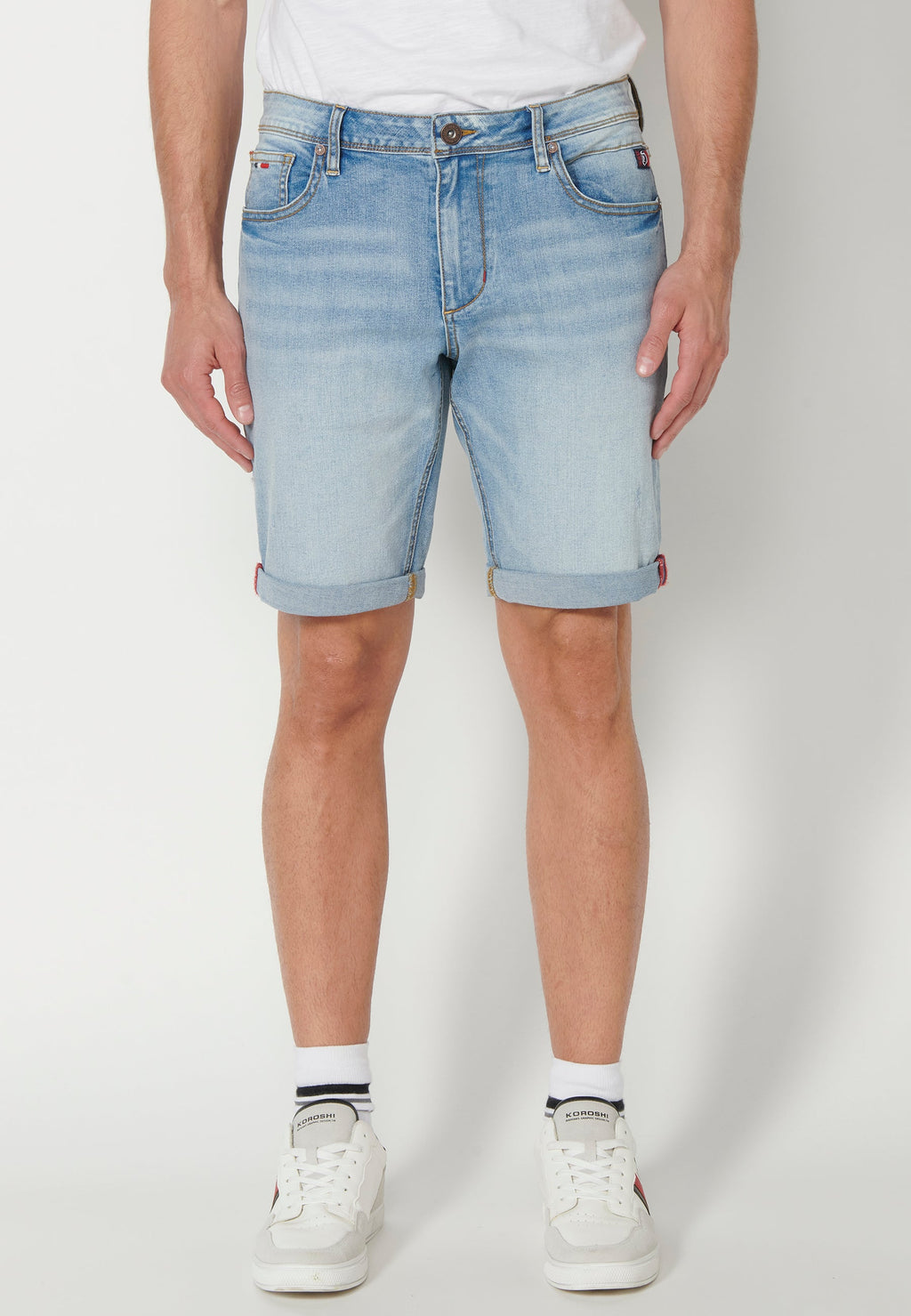 Bermuda Hombre Vaquera Stretch Acabado Vuelta 5 Bolsillos – Koroshi Azul Claro