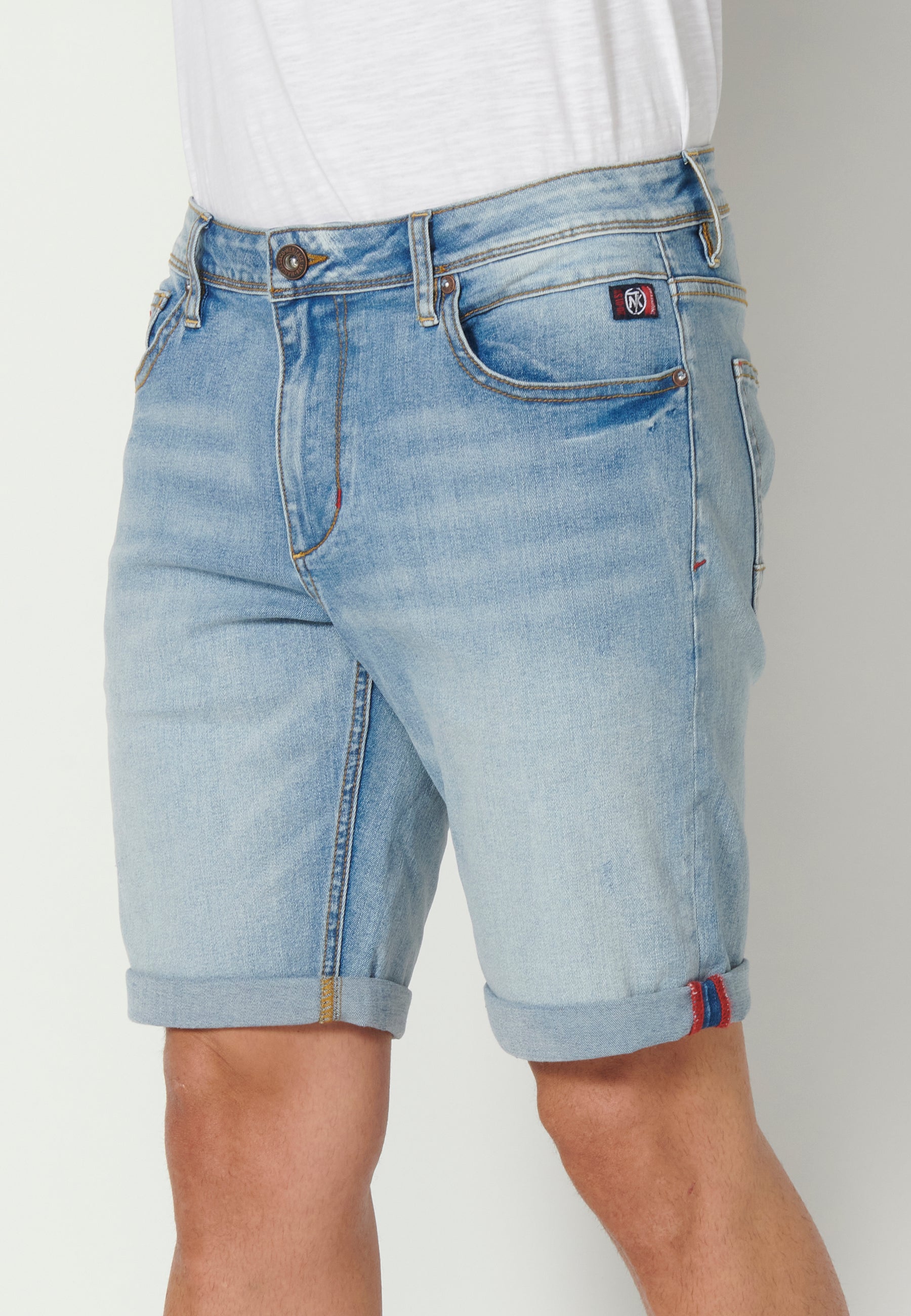 Bermuda Hombre Vaquera Stretch Acabado Vuelta 5 Bolsillos – Koroshi Azul Claro
