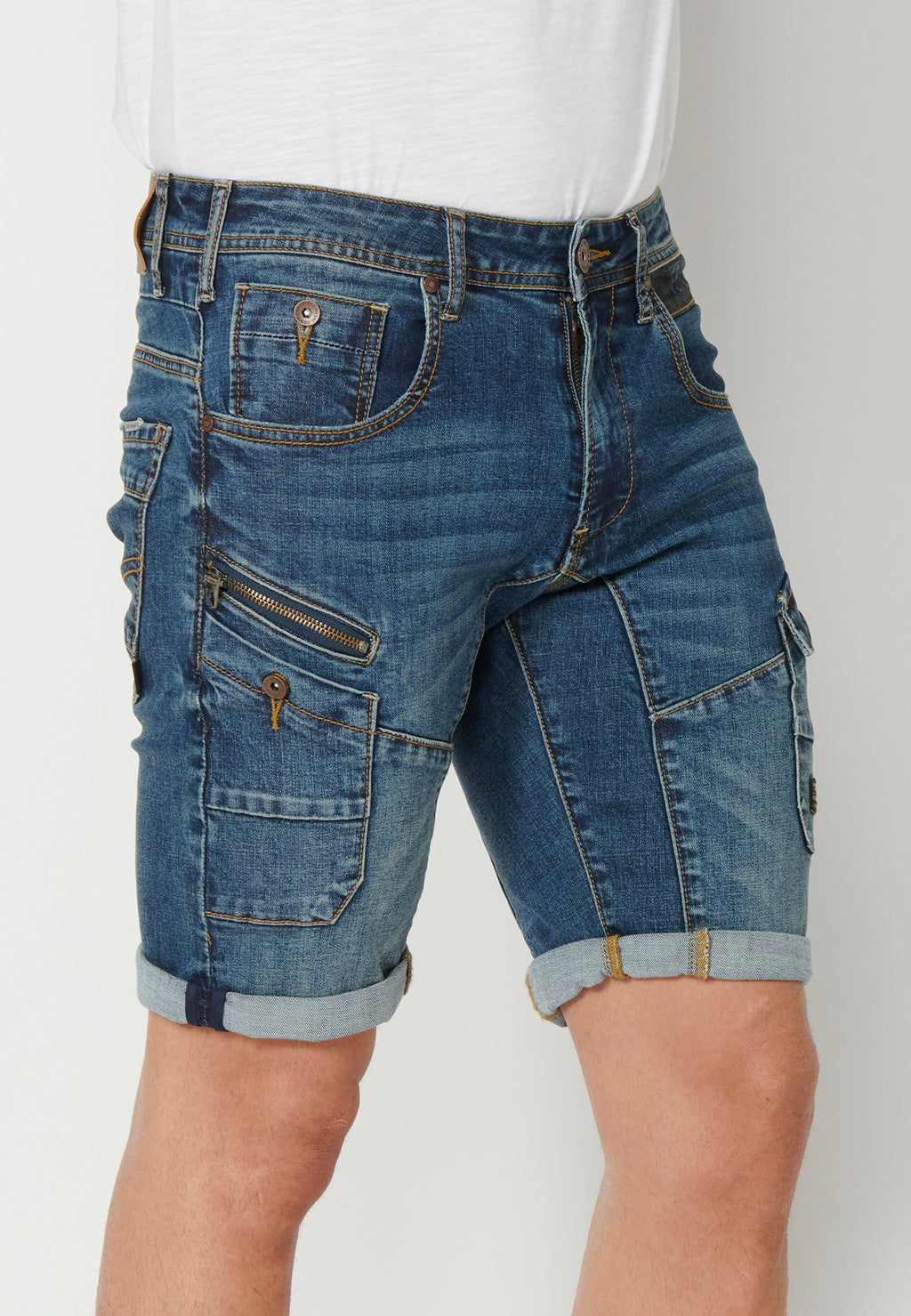 Bermuda Hombre Vaquera Stretch Acabado Vuelta Azul Medio – Koroshi