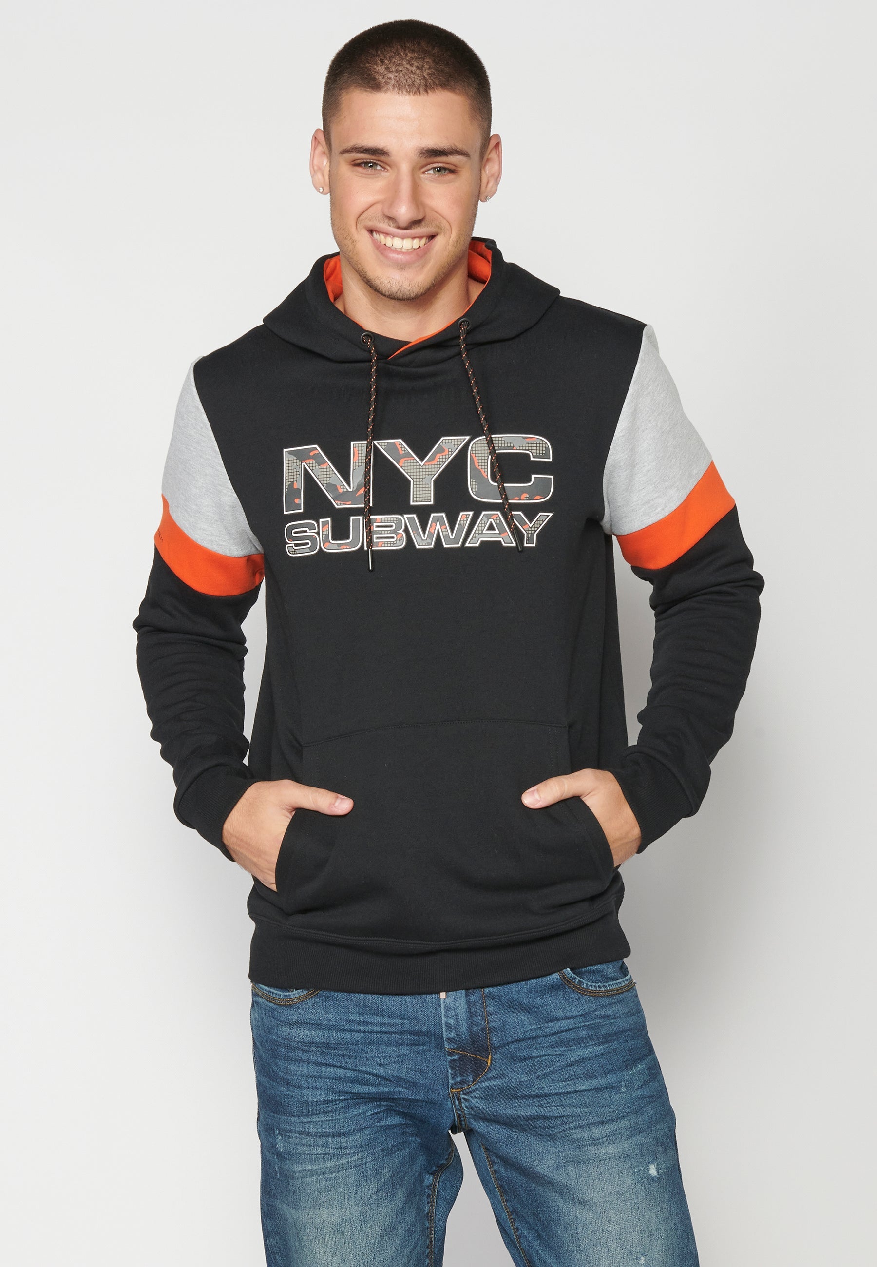Sudadera Hombre Capucha con Bolsillo y Estampado – Koroshi Negro