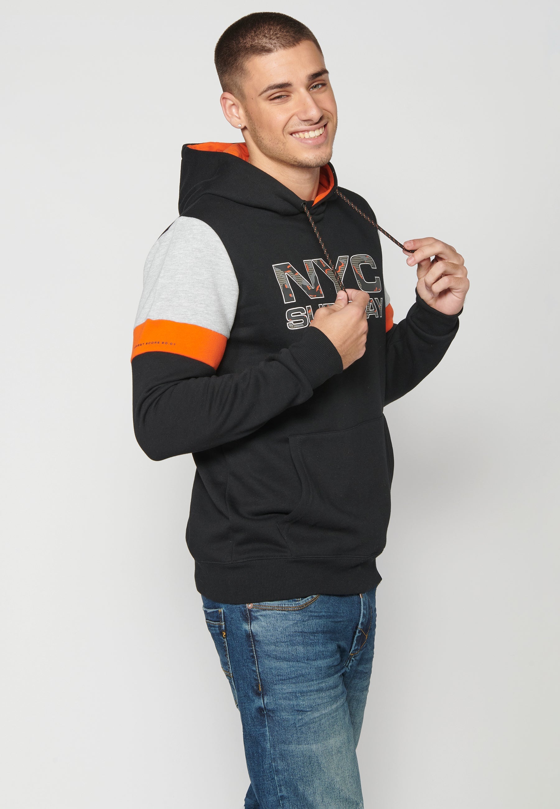 Sudadera Hombre Capucha con Bolsillo y Estampado – Koroshi Negro