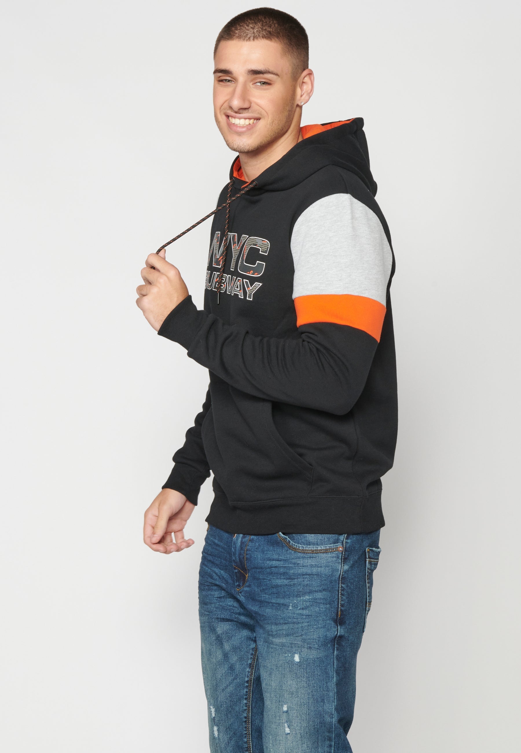 Sudadera Hombre Capucha con Bolsillo y Estampado – Koroshi Negro
