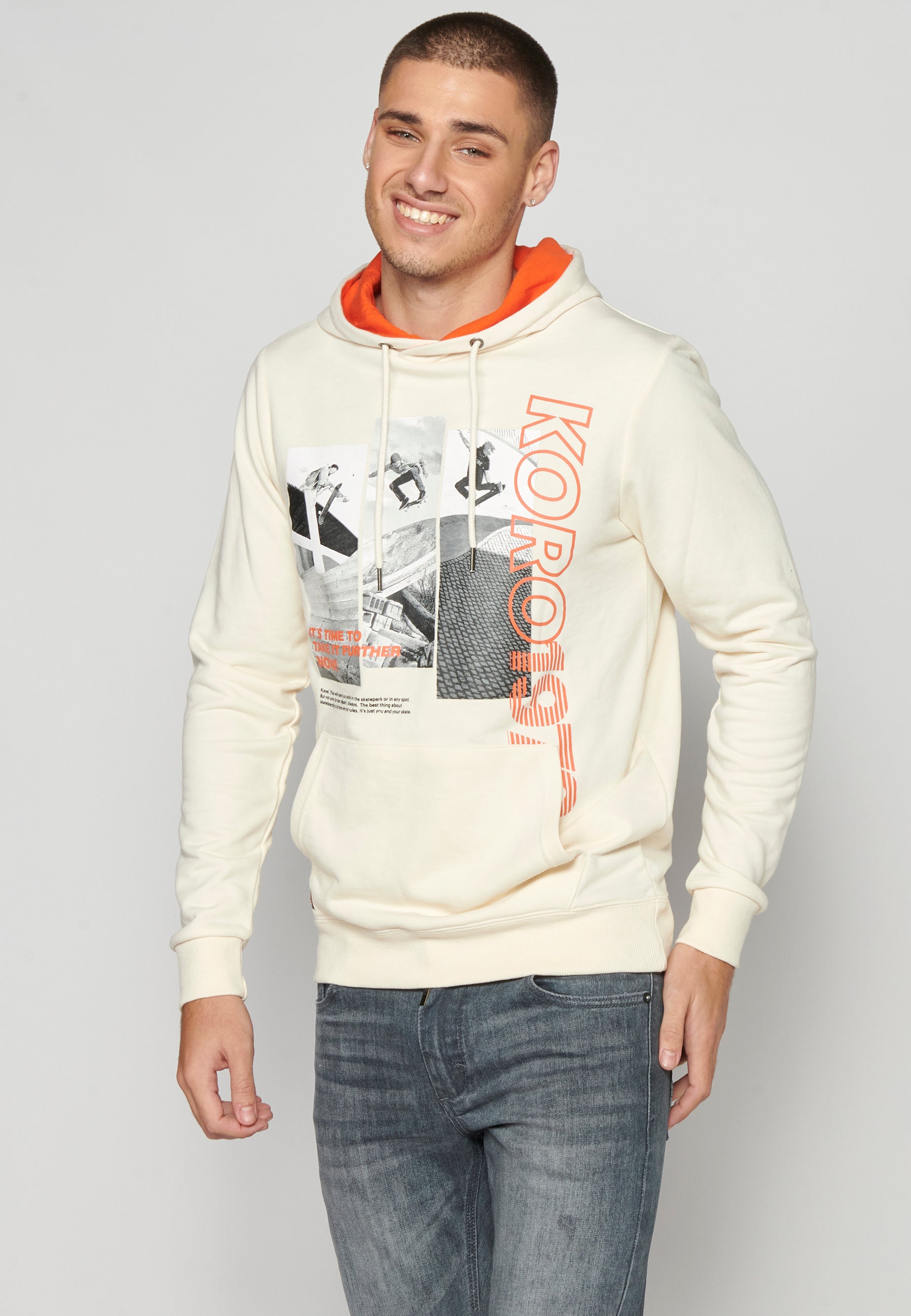 Sudadera Hombre Capucha con Bolsillo y Estampado – Koroshi Crema