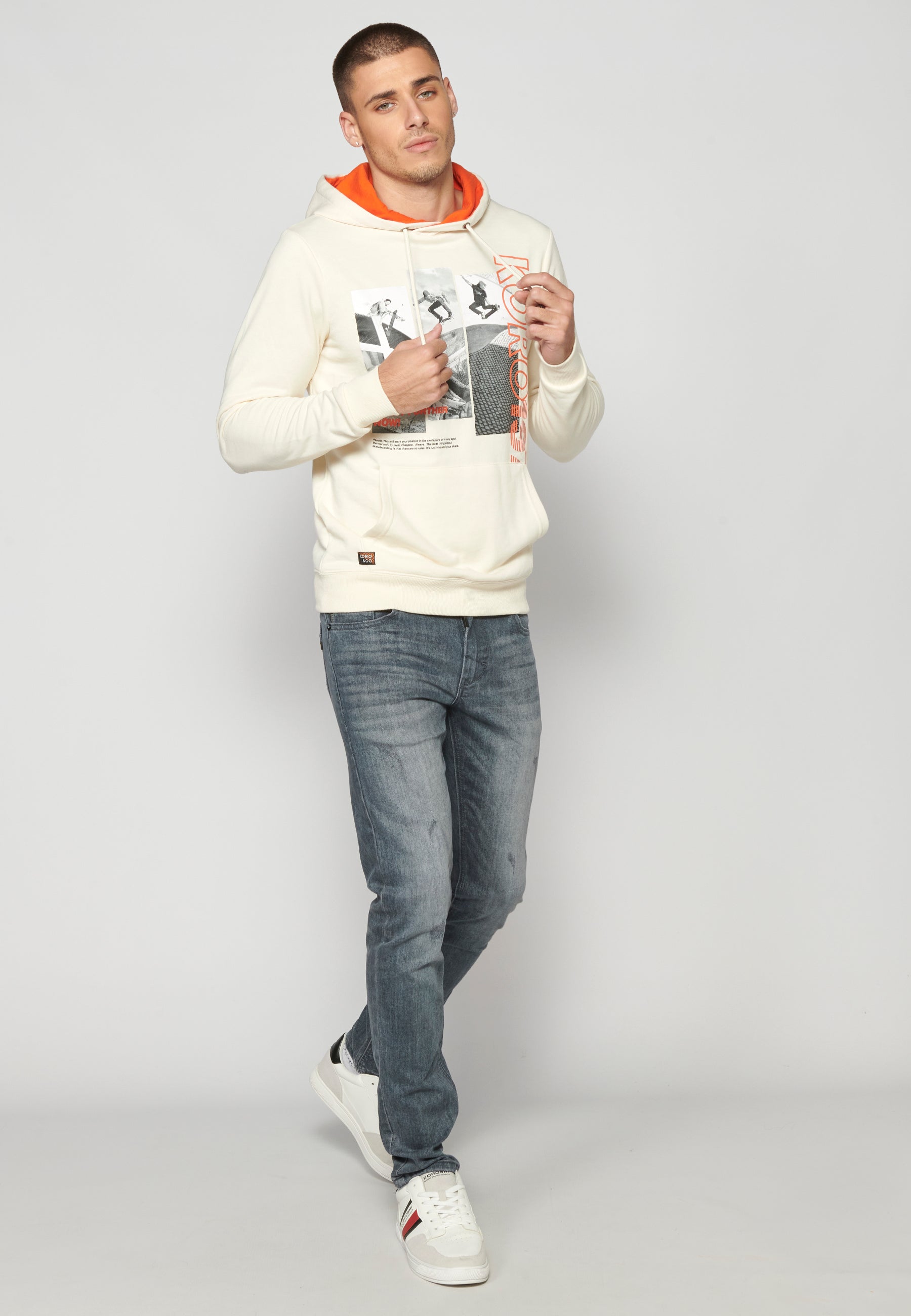 Sudadera Hombre Capucha con Bolsillo y Estampado – Koroshi Crema