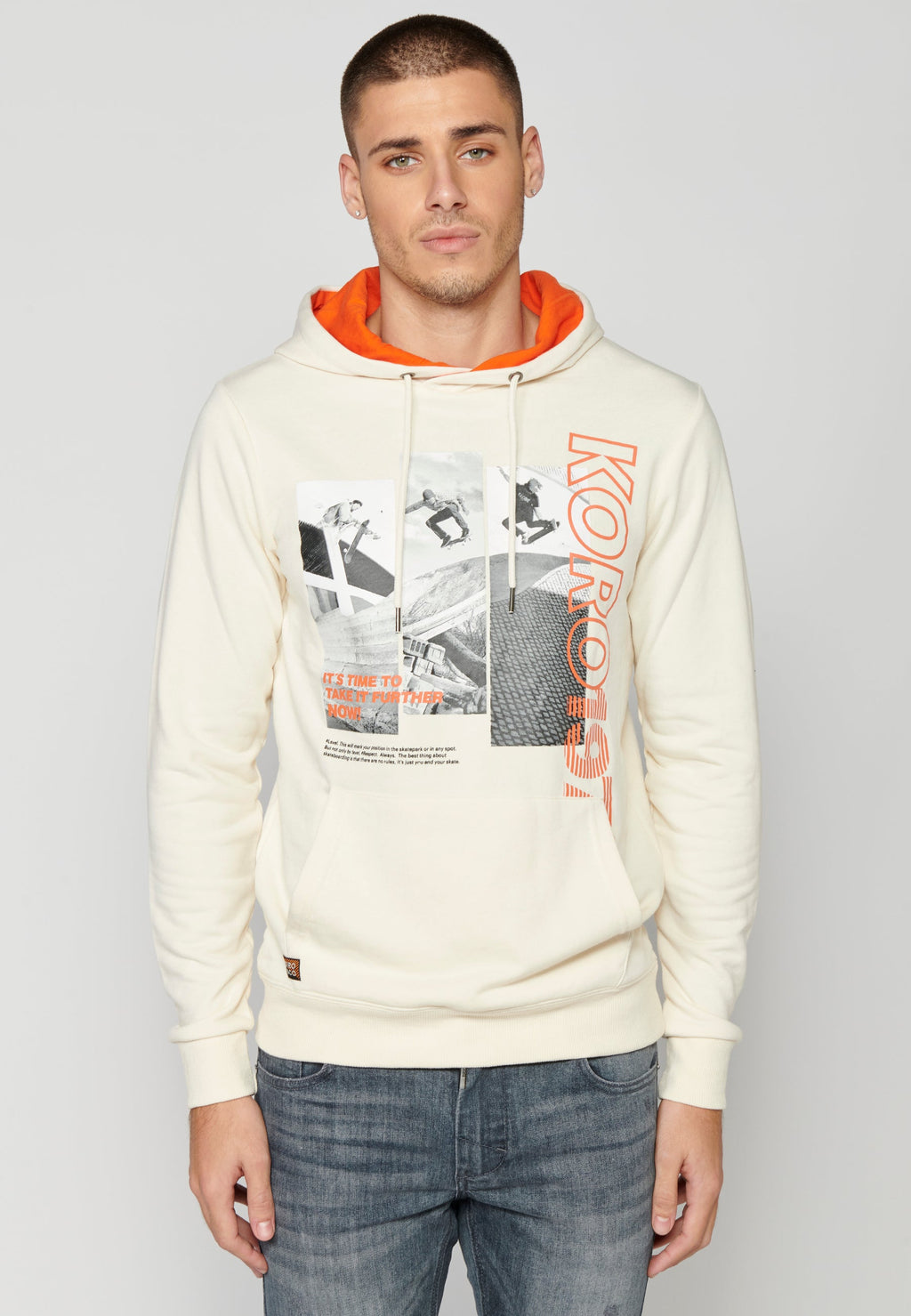 Sudadera Hombre Capucha con Bolsillo y Estampado – Koroshi Crema